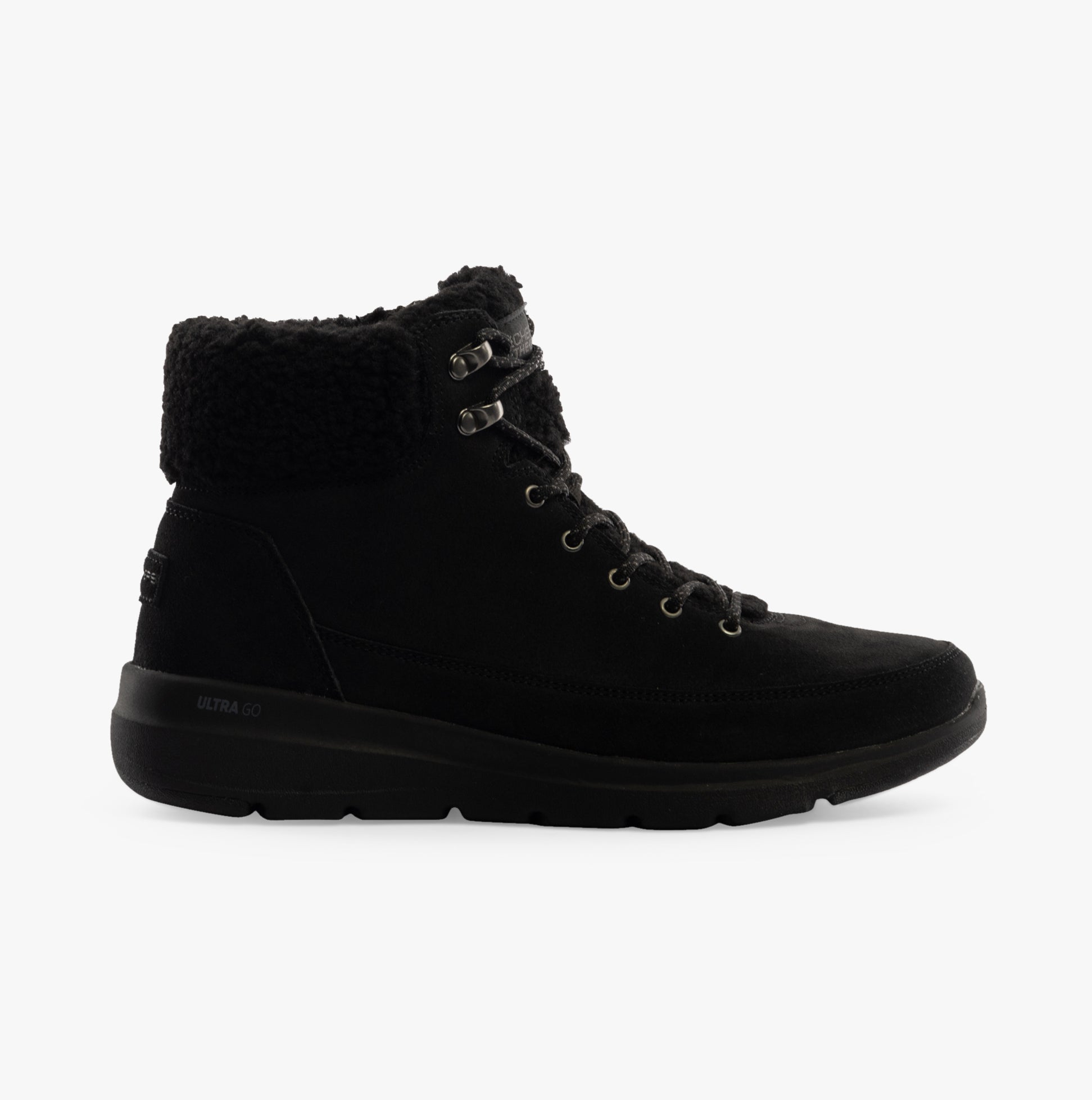 Skechers 16677/BBK GLACIAL ULTRA - WOODLANDS Womens Boots Black side view featuring suede upper and warm lining.