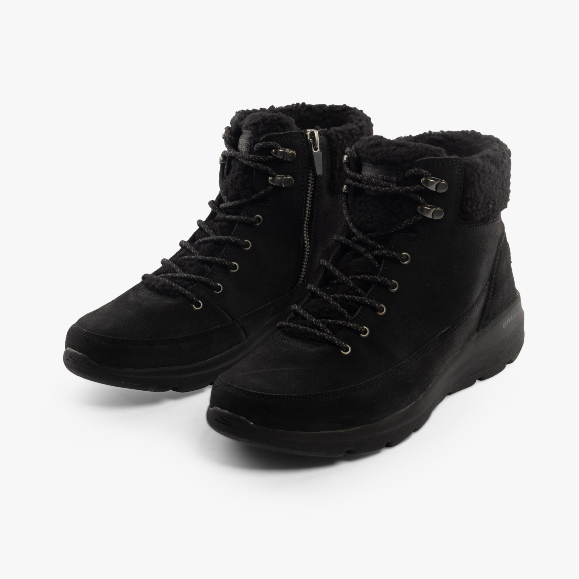 Skechers 16677/BBK GLACIAL ULTRA - WOODLANDS Womens Boots Black side view showcasing suede upper and lace-up design.