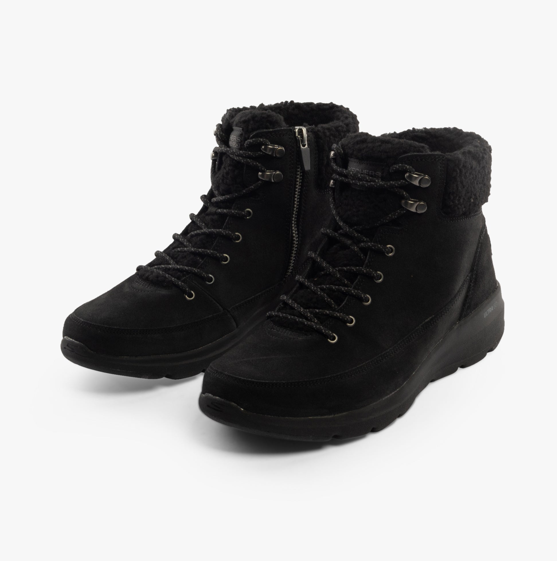 Skechers 16677/BBK GLACIAL ULTRA - WOODLANDS Womens Boots Black side view showcasing suede upper and lace-up design.