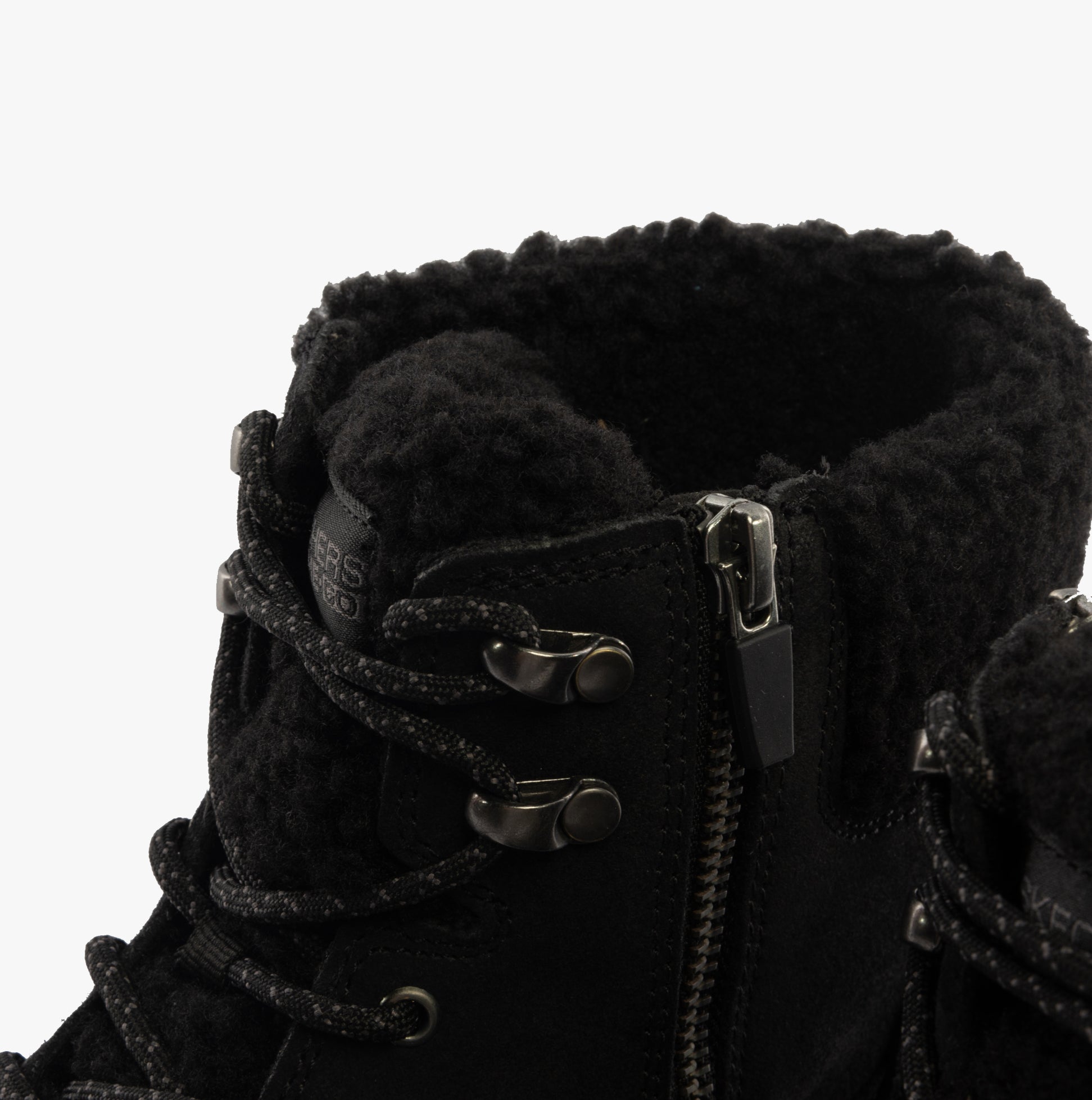 Skechers 16677/BBK GLACIAL ULTRA - WOODLANDS Womens Boots Black detail view showcasing warm lining and lace-up design.