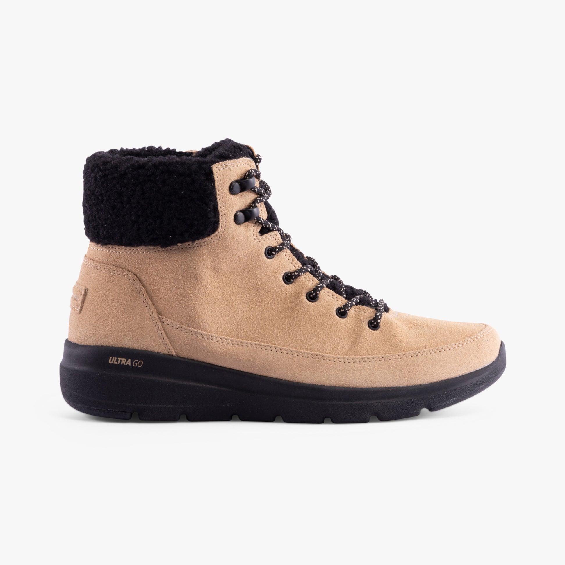 Skechers 16677/NTBK GLACIAL ULTRA - WOODLANDS Womens Boots Natural/Black side view showing suede upper and lace-up design.