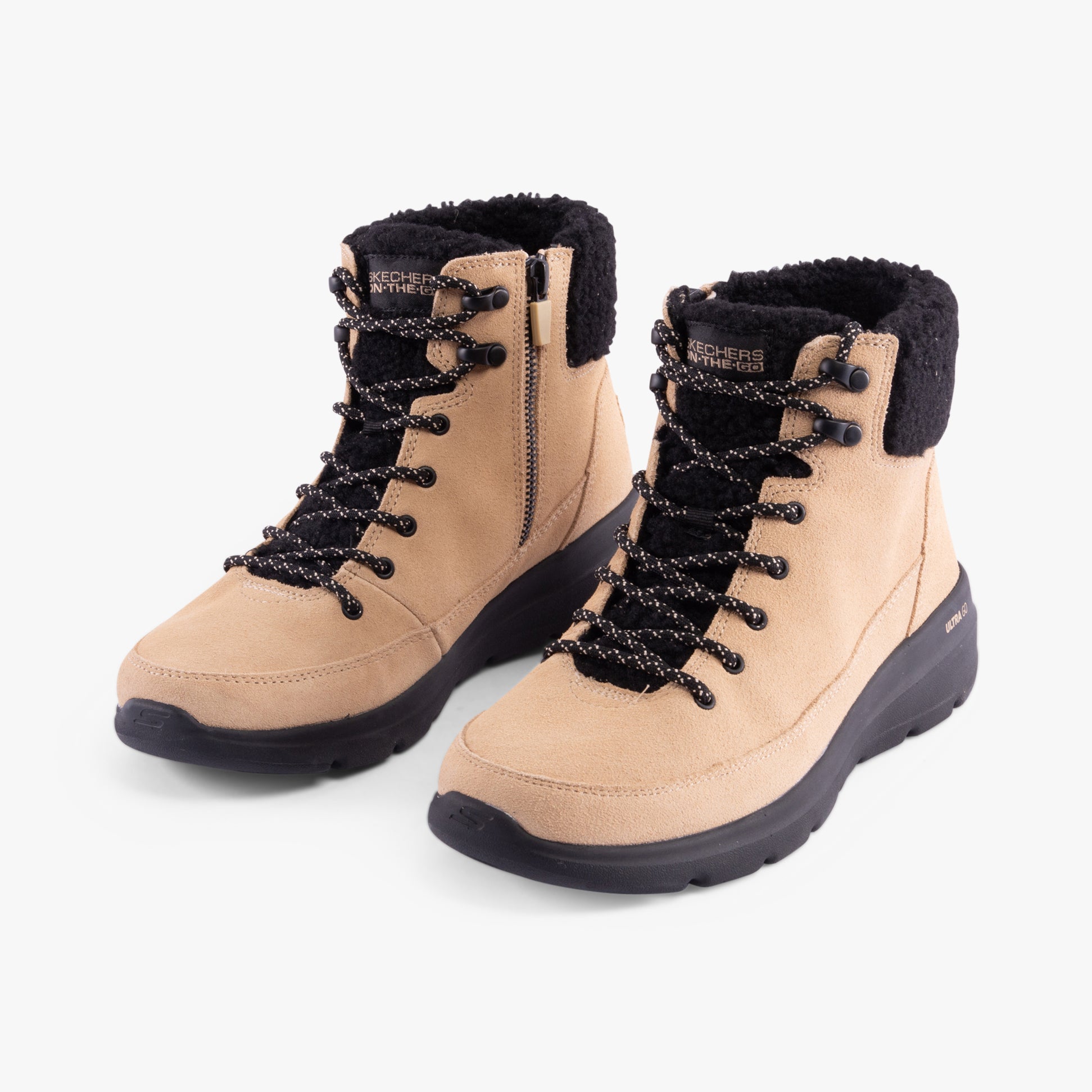 Skechers 16677/NTBK GLACIAL ULTRA - WOODLANDS Womens Boots Natural/Black front view showing suede upper and lace-up design.