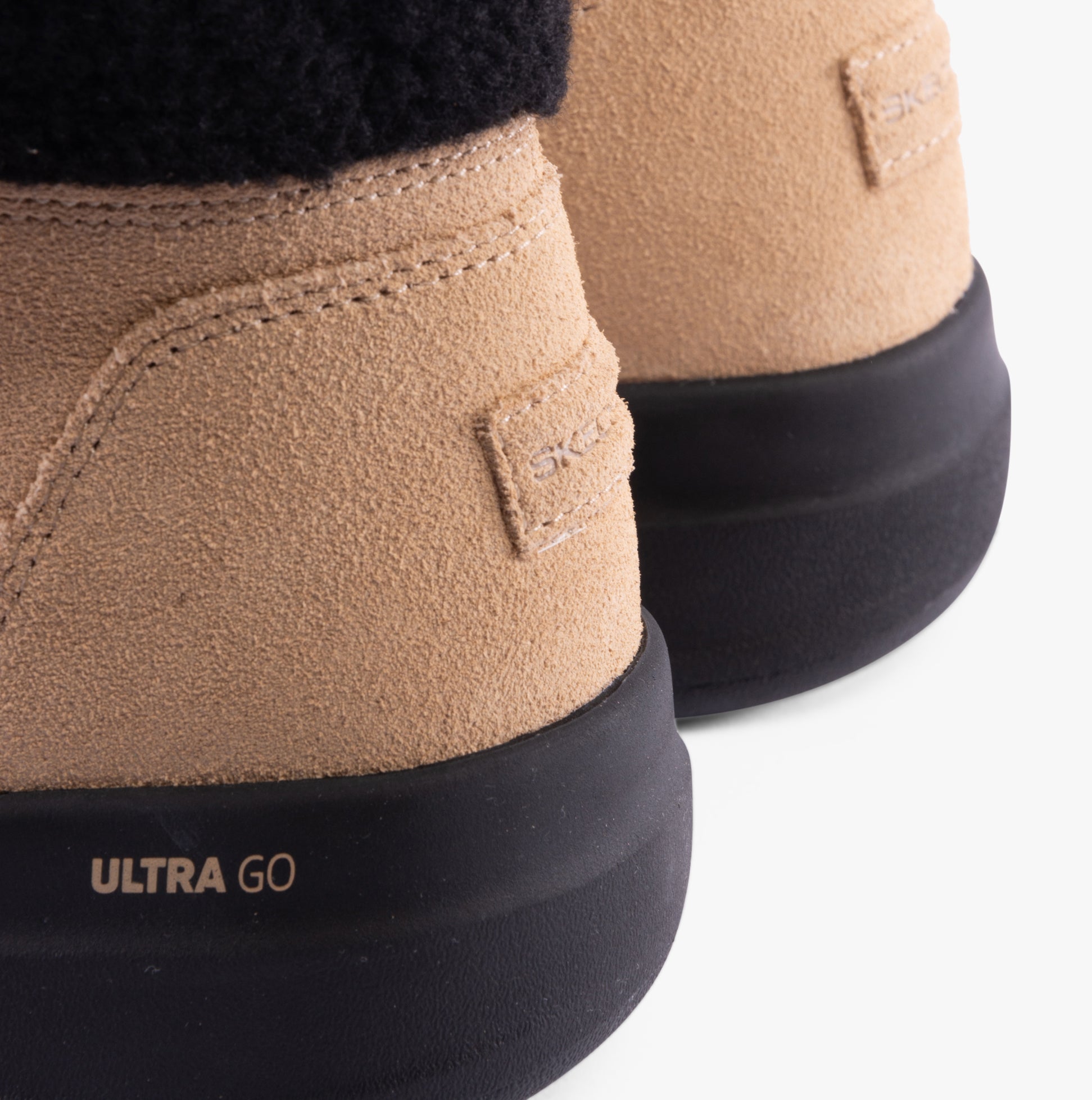 Skechers 16677/NTBK GLACIAL ULTRA - WOODLANDS Womens Boots Natural/Black detail view showing suede texture and rubber sole