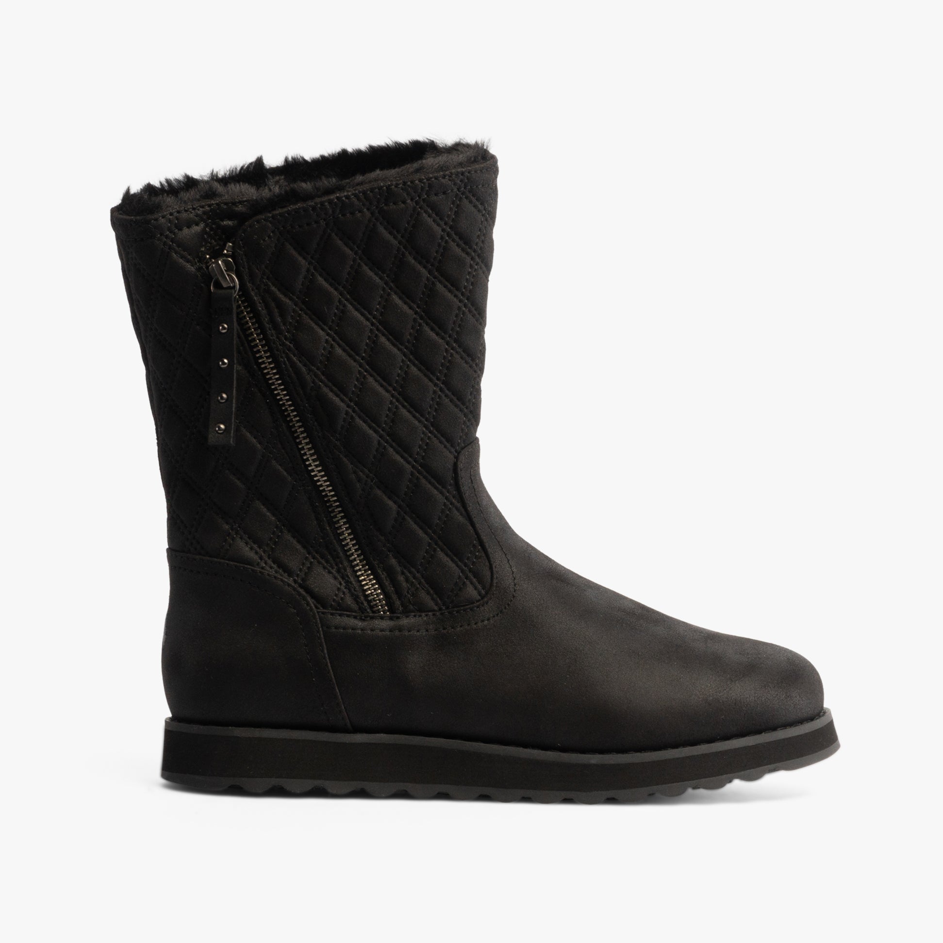 Skechers 167675/BBK KEEPSAKES 2.0 - MORNING WALKS Womens Boots Black side view showcasing faux leather and zip closure.