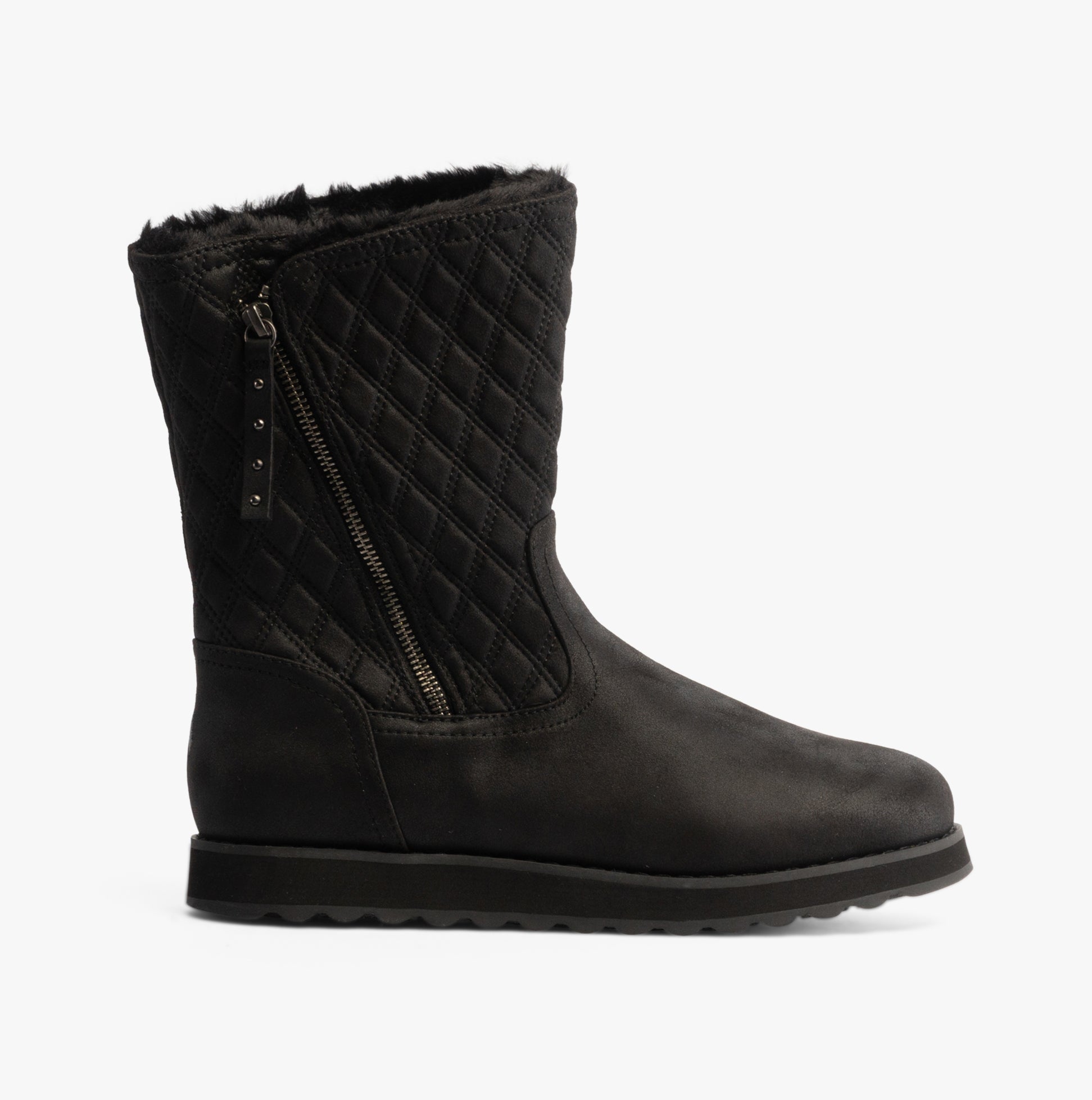 Skechers 167675/BBK KEEPSAKES 2.0 - MORNING WALKS Womens Boots Black side view showcasing faux leather and zip closure.