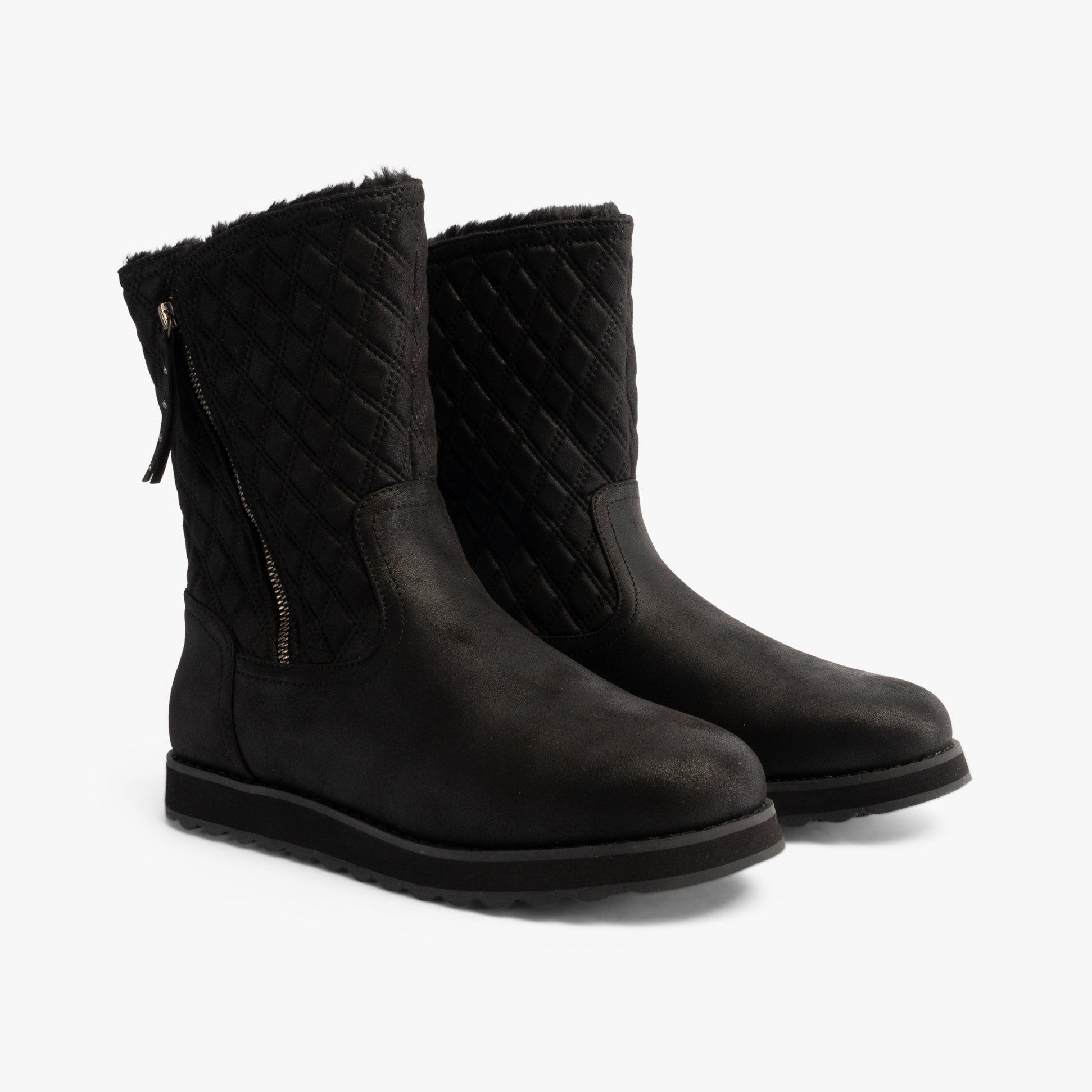 Skechers 167675/BBK KEEPSAKES 2.0 - MORNING WALKS Womens Boots Black side view showcasing faux leather and quilted design.