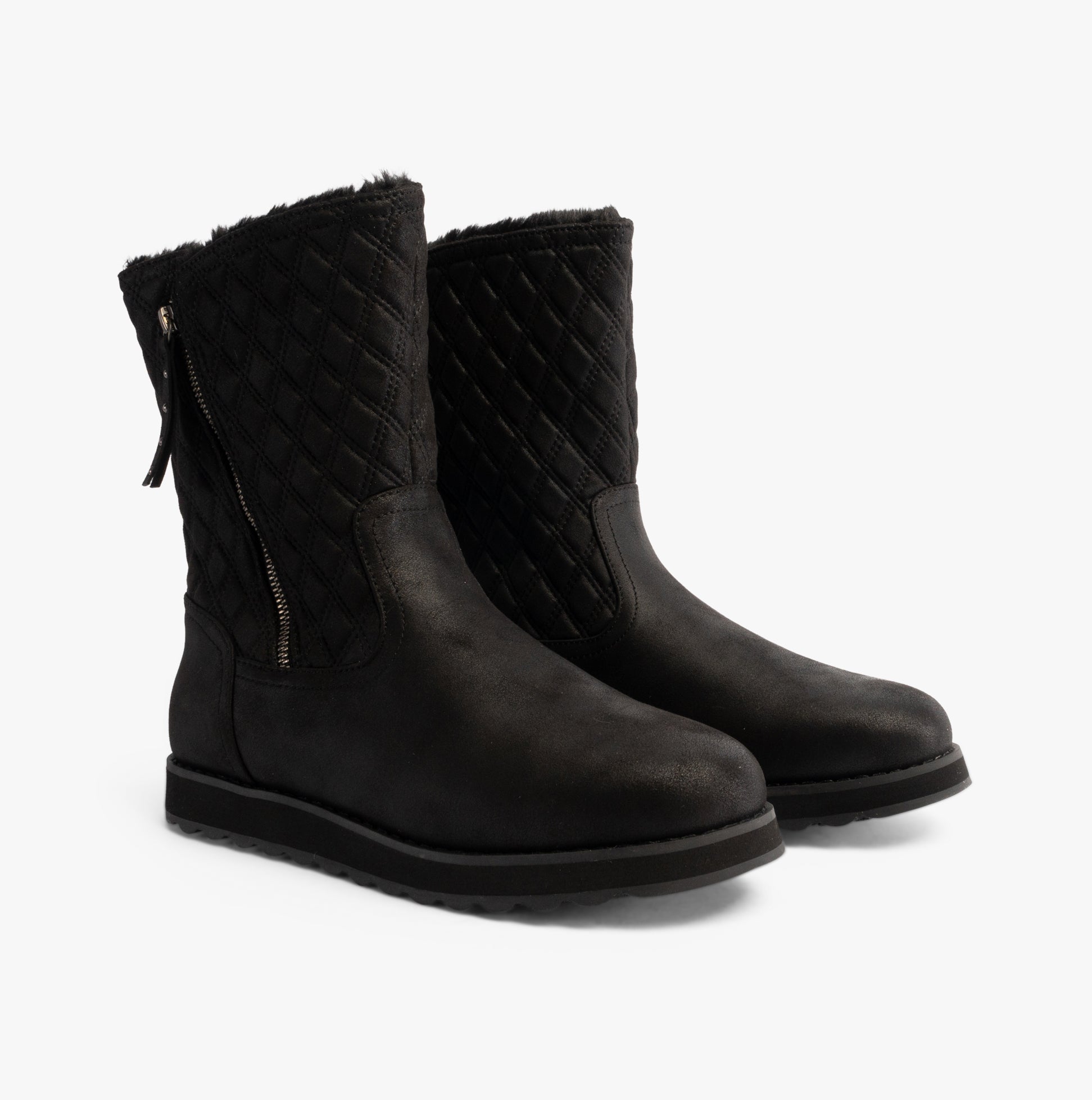 Skechers 167675/BBK KEEPSAKES 2.0 - MORNING WALKS Womens Boots Black side view showcasing faux leather and quilted design.