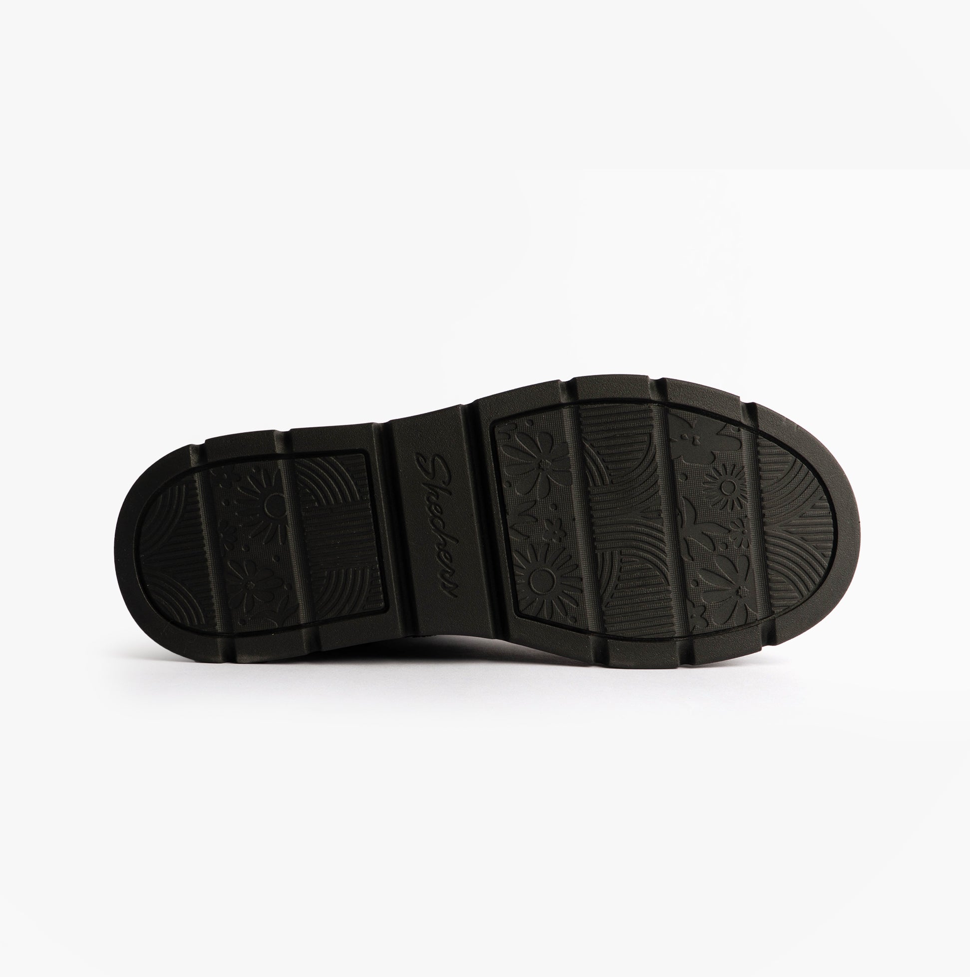 Skechers 167848/BBK KEEPSAKES COZY - COZY MINI Womens Boots Black sole view featuring a rubber sole design.