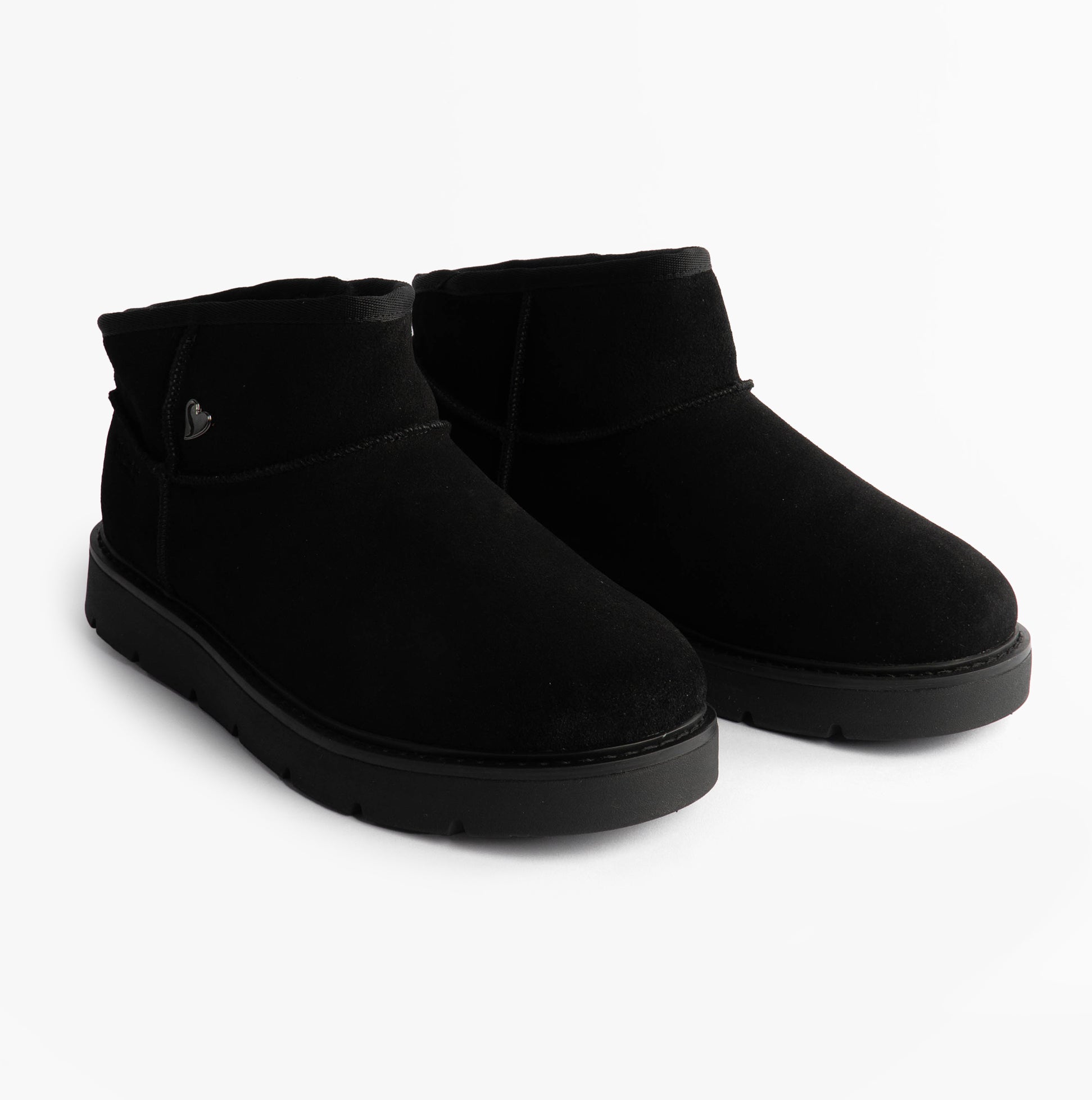 Skechers 167848/BBK KEEPSAKES COZY - COZY MINI Womens Boots Black side view showcasing soft suede material and round toe.