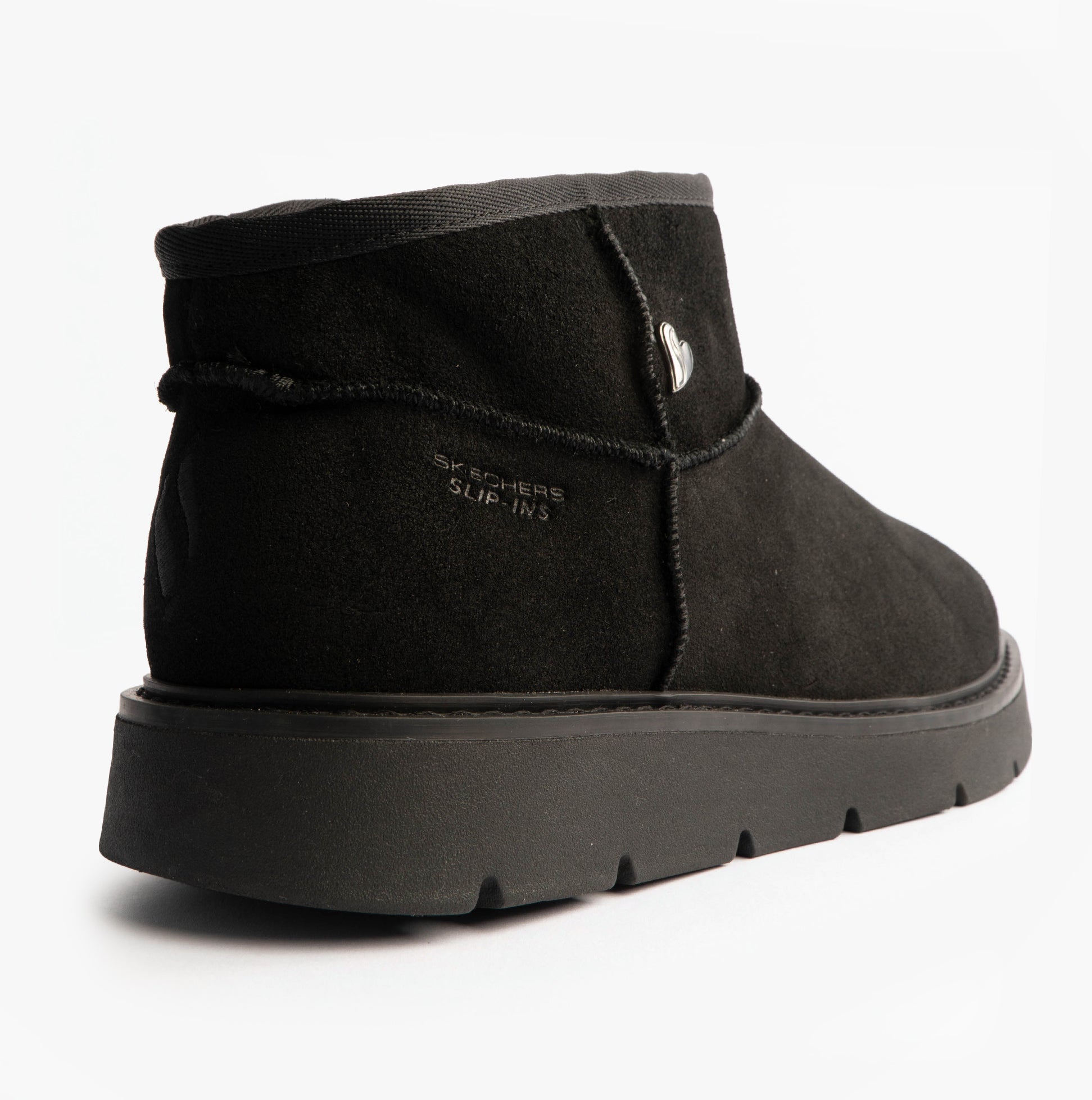 Skechers 167848/BBK KEEPSAKES COZY - COZY MINI Womens Boots Black rear view showcasing shearling and rubber sole.