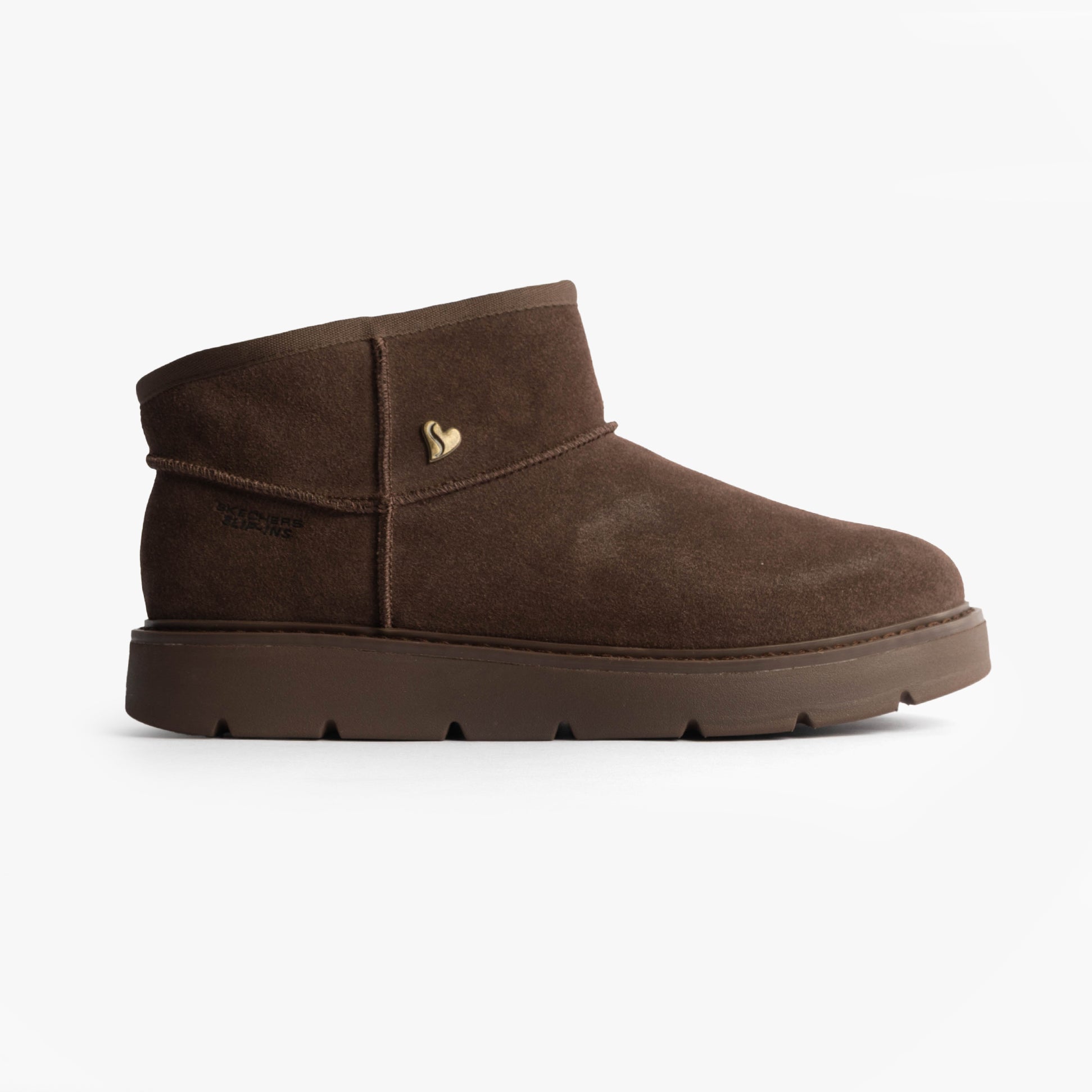 Skechers 167848/CHOC KEEPSAKES COZY - COZY MINI Womens Boots Chocolate side view featuring shearling and suede material