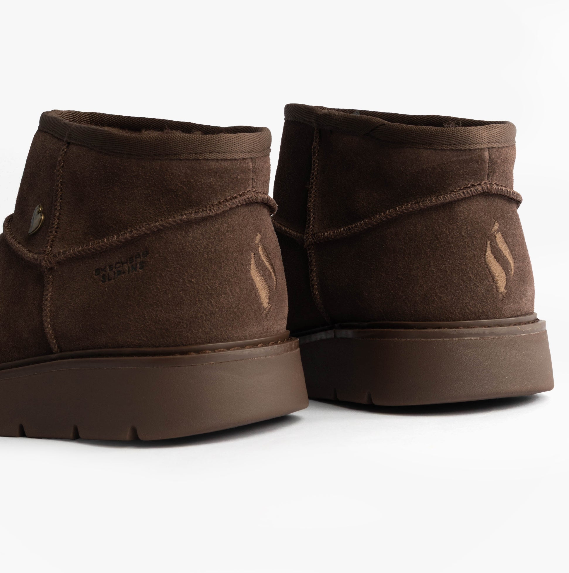 Skechers 167848/CHOC KEEPSAKES COZY - COZY MINI Womens Boots Chocolate rear view showing soft suede upper and durable rubber sole.