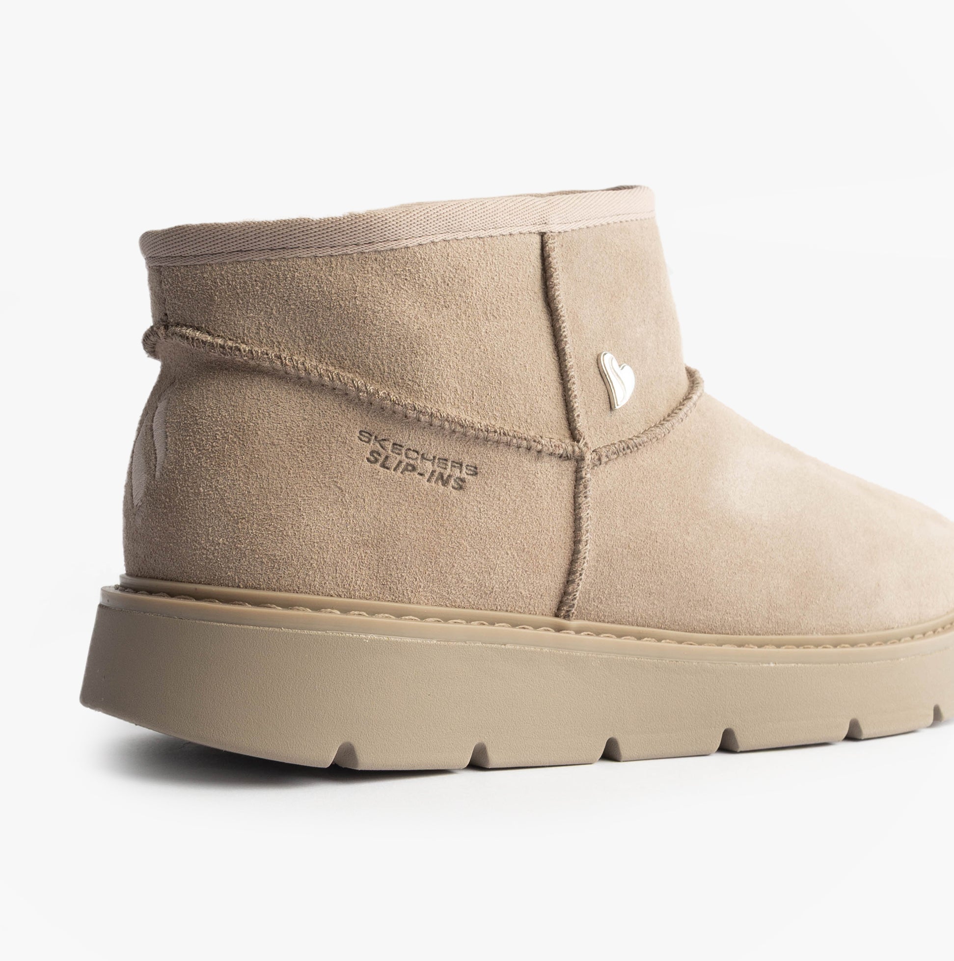 Skechers KEEPSAKES COZY - COZY MINI Womens Boots Taupe side view showcasing soft suede upper and memory foam comfort.