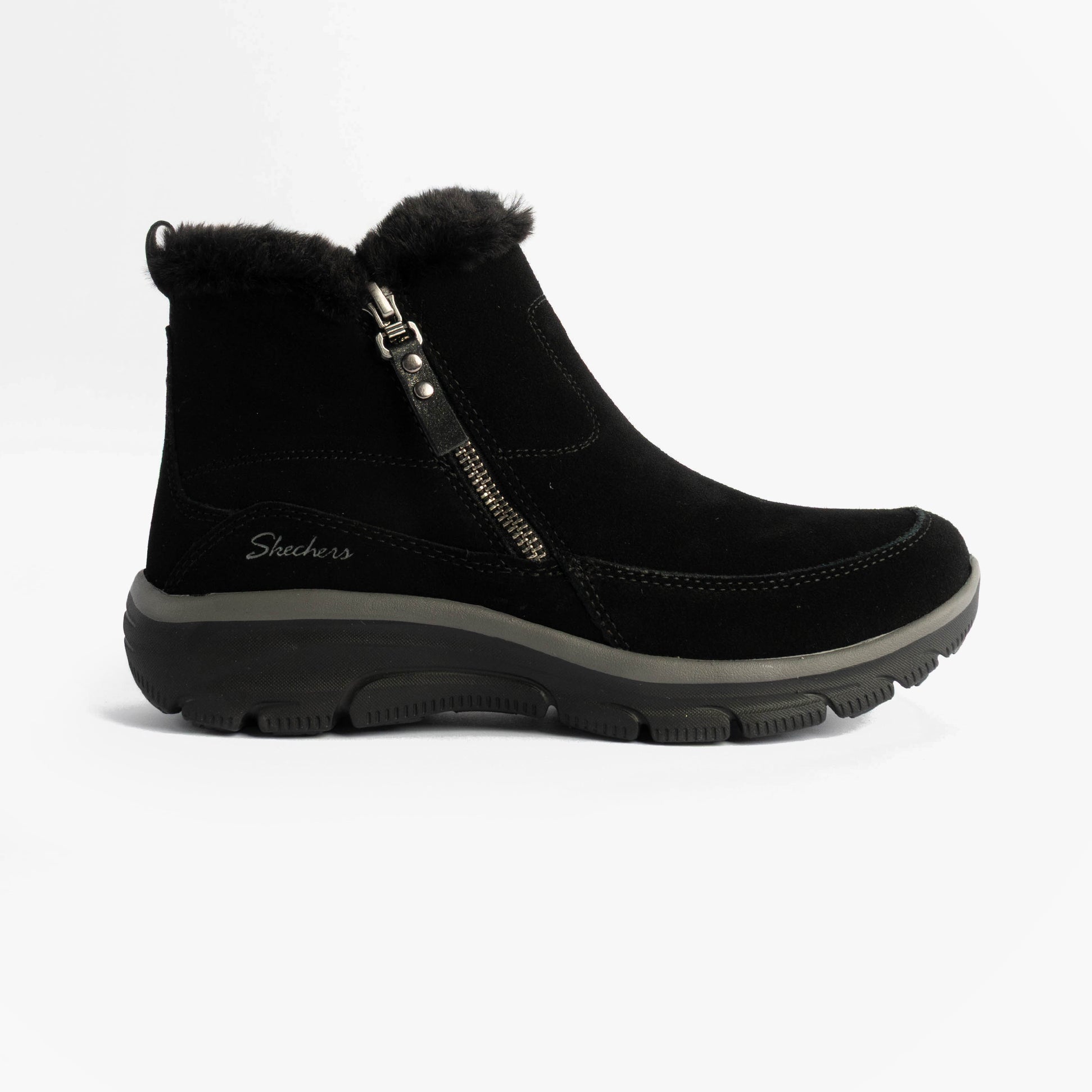 Skechers 167862/BLK EASY GOING - COOL ZIP Womens Boots Black side view featuring suede upper and faux fur lining.