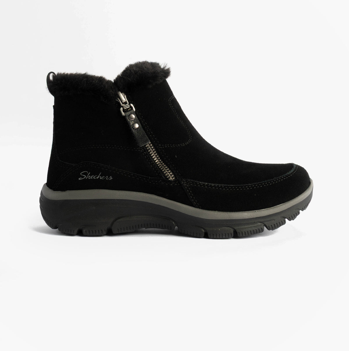 Skechers 167862/BLK EASY GOING - COOL ZIP Womens Boots Black side view featuring suede upper and faux fur lining.
