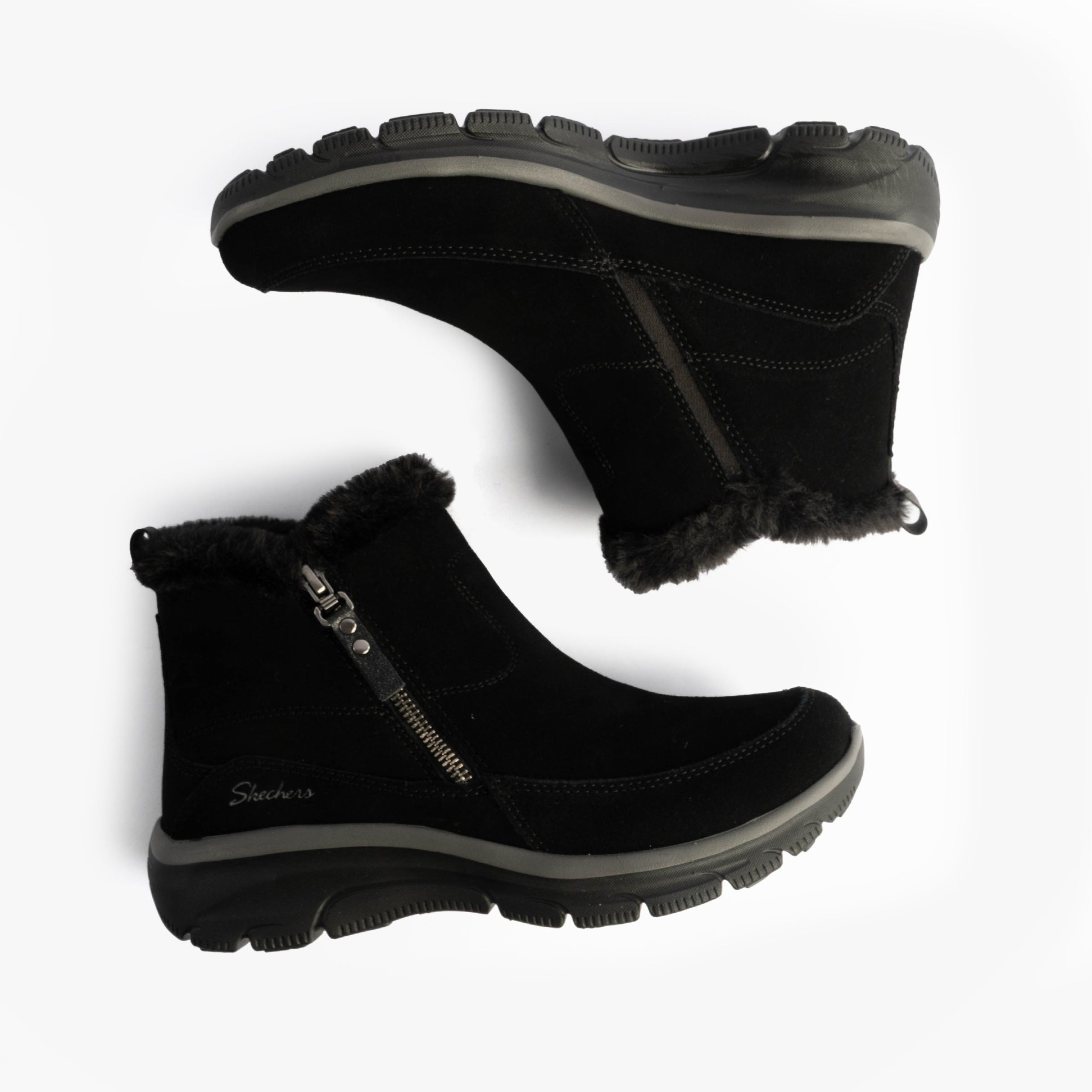 Skechers 167862/BLK EASY GOING - COOL ZIP Womens Boots Black side view featuring suede upper and faux fur lining.