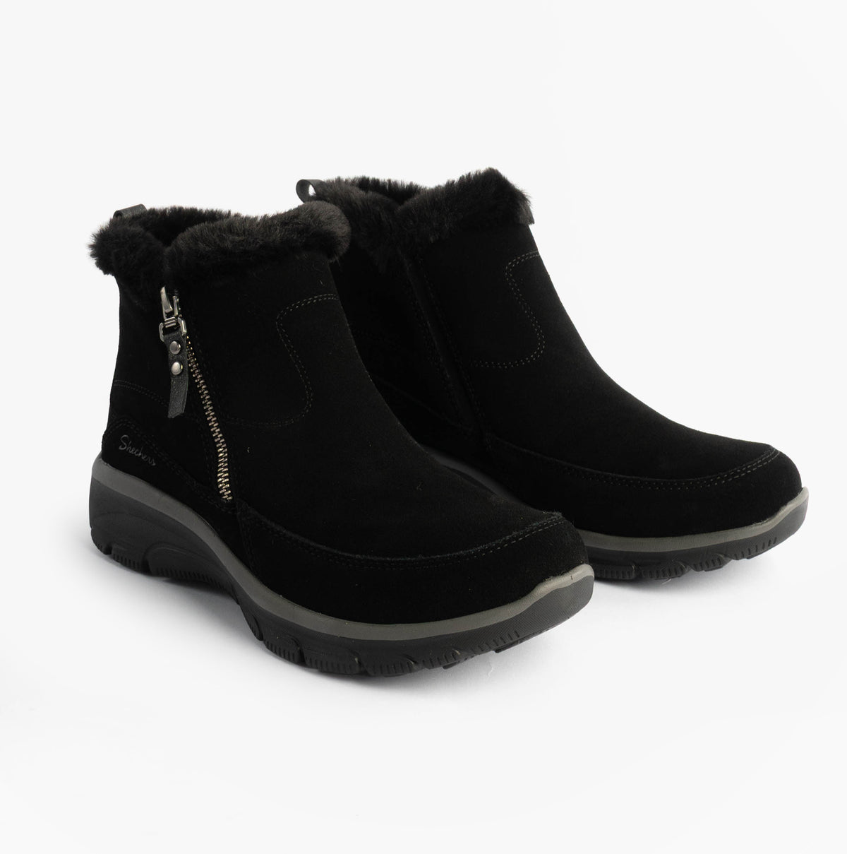Skechers 167862/BLK EASY GOING - COOL ZIP Womens Boots Black side view showing suede upper and faux fur lining.