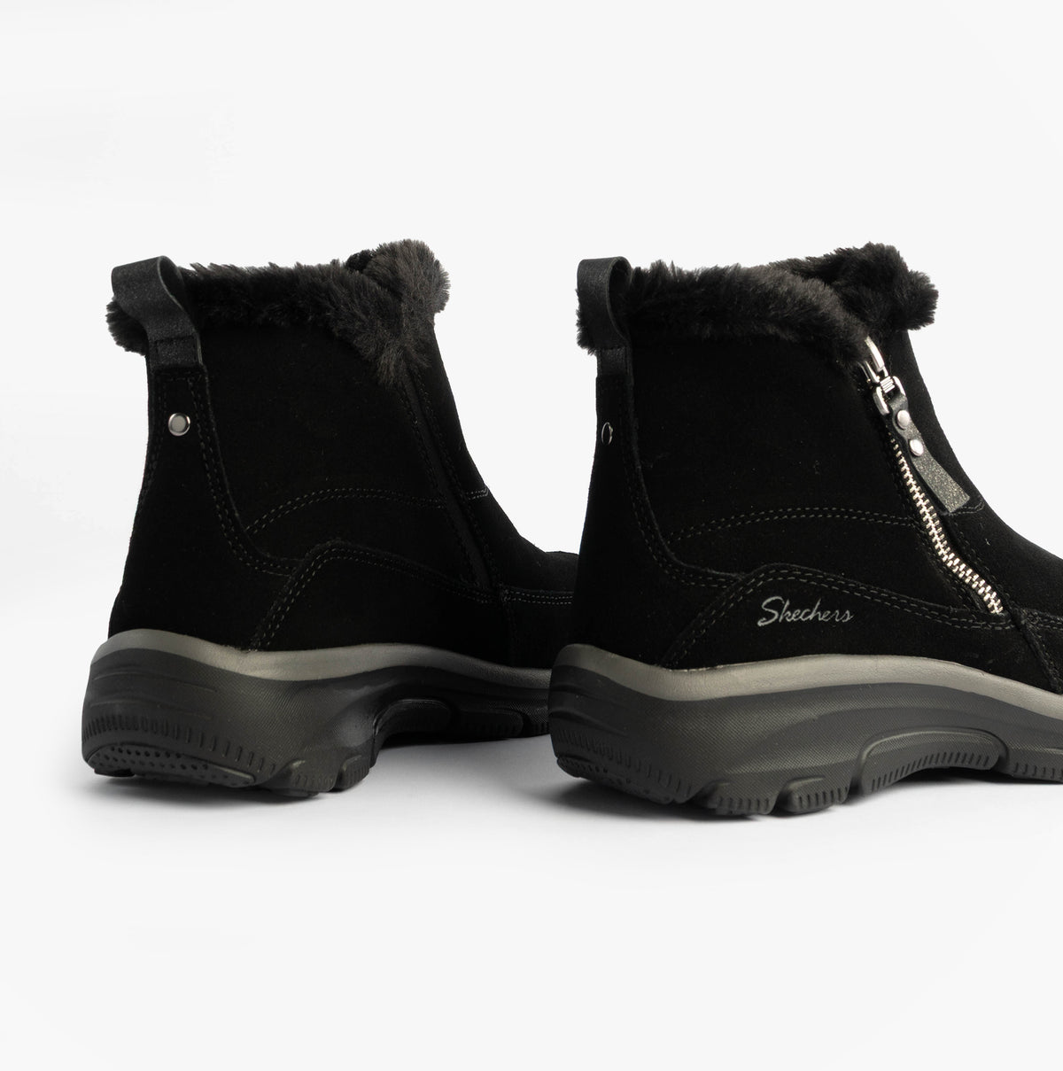 Skechers 167862/BLK EASY GOING - COOL ZIP Womens Boots Black, side view showcasing suede upper and faux fur lining.