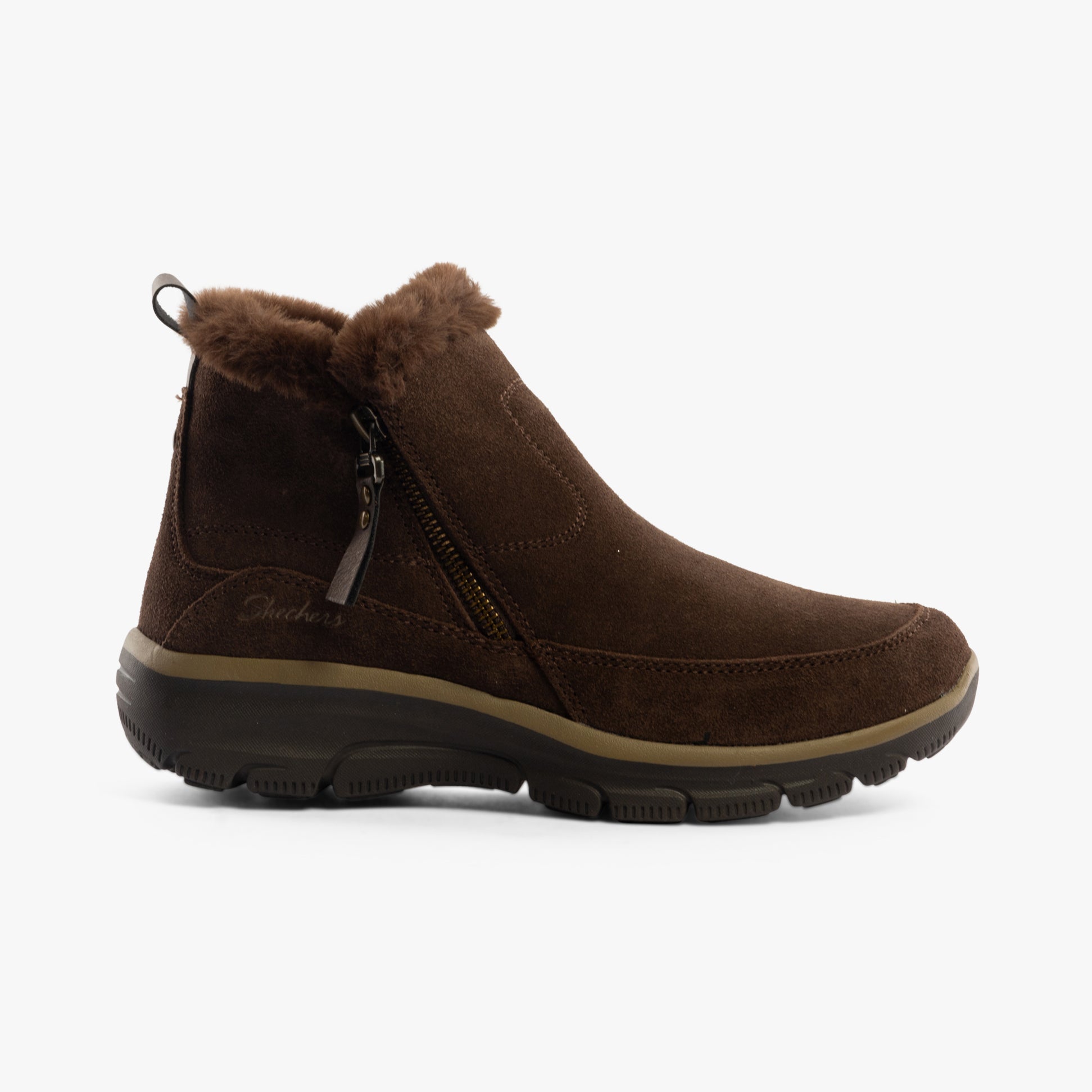 Skechers 167862/CHOC EASY GOING - COOL ZIP Womens Boots Chocolate side view featuring suede and faux fur lining.