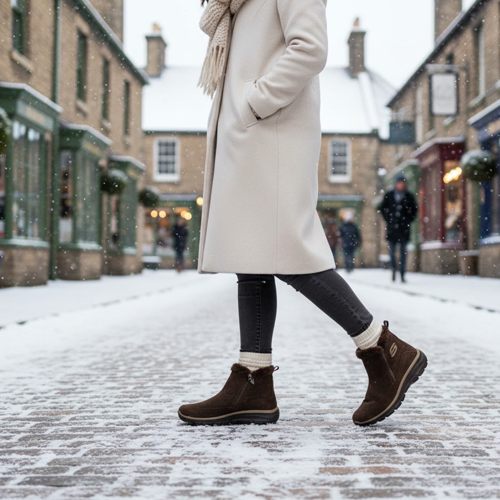 Skechers 167862/CHOC EASY GOING - COOL ZIP Womens Boots Chocolate side view, stylish ankle boots against snowy street backdrop.