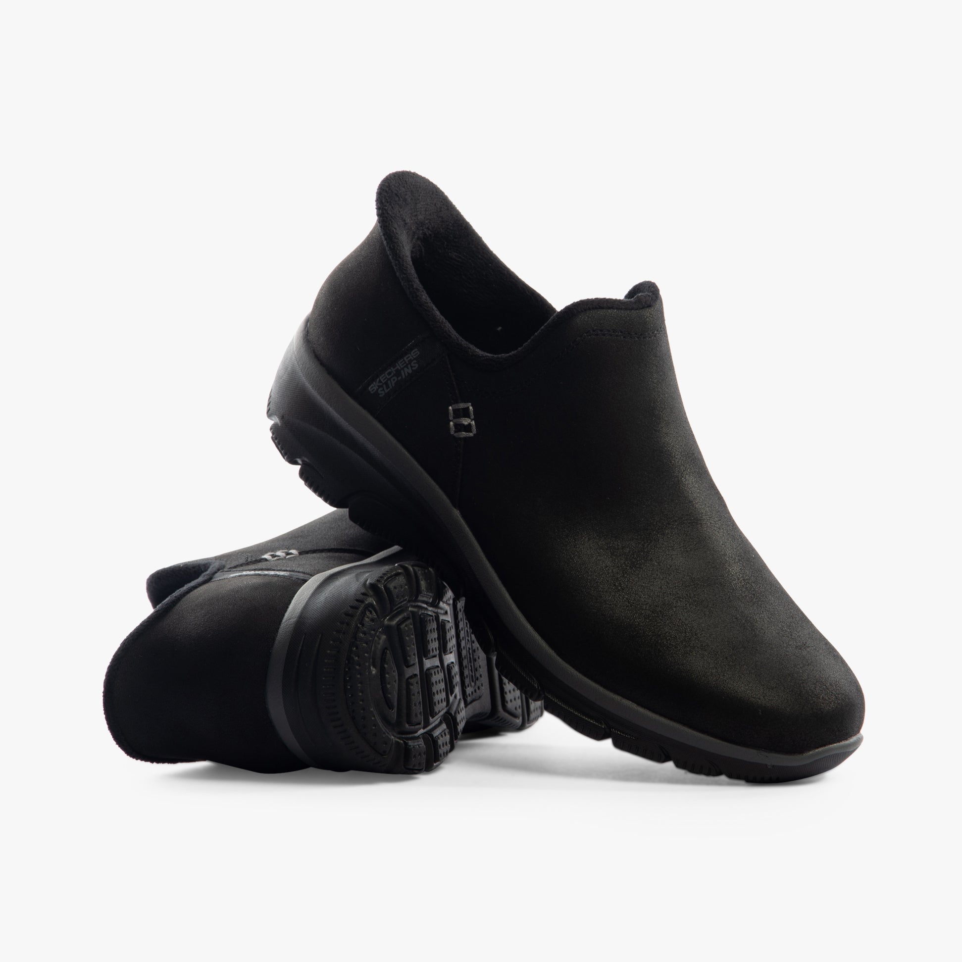 Skechers 167872/BLK EASY GOING - MODERN HOUR Womens Shoes Black, side view with black textile upper and slip-on design.