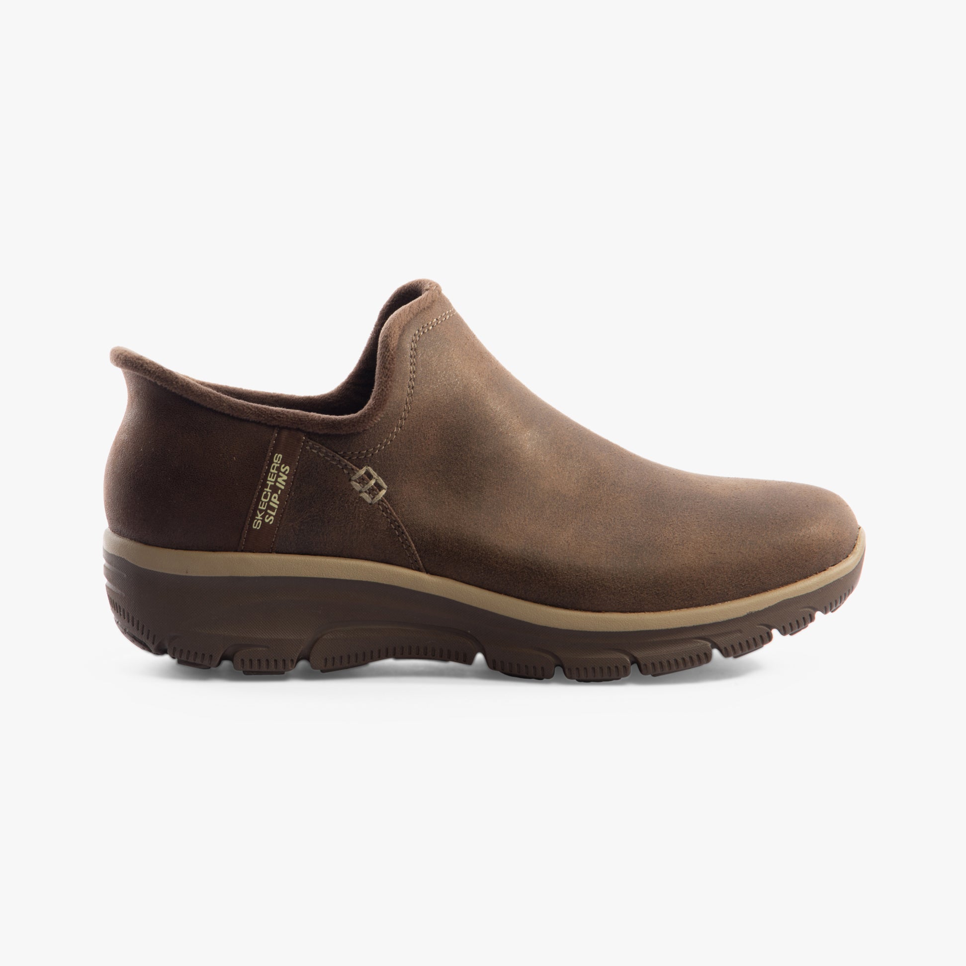 Skechers 167872/CHOC EASY GOING - MODERN HOUR Womens Shoes Chocolate side view showcasing a casual slip-on design.
