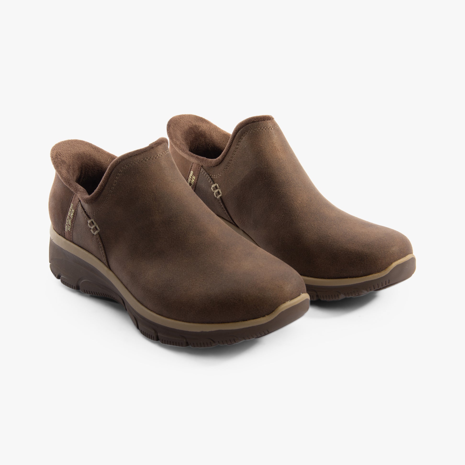 Skechers 167872/CHOC EASY GOING - MODERN HOUR Womens Shoes Chocolate side view displaying casual slip-on design and low top style.