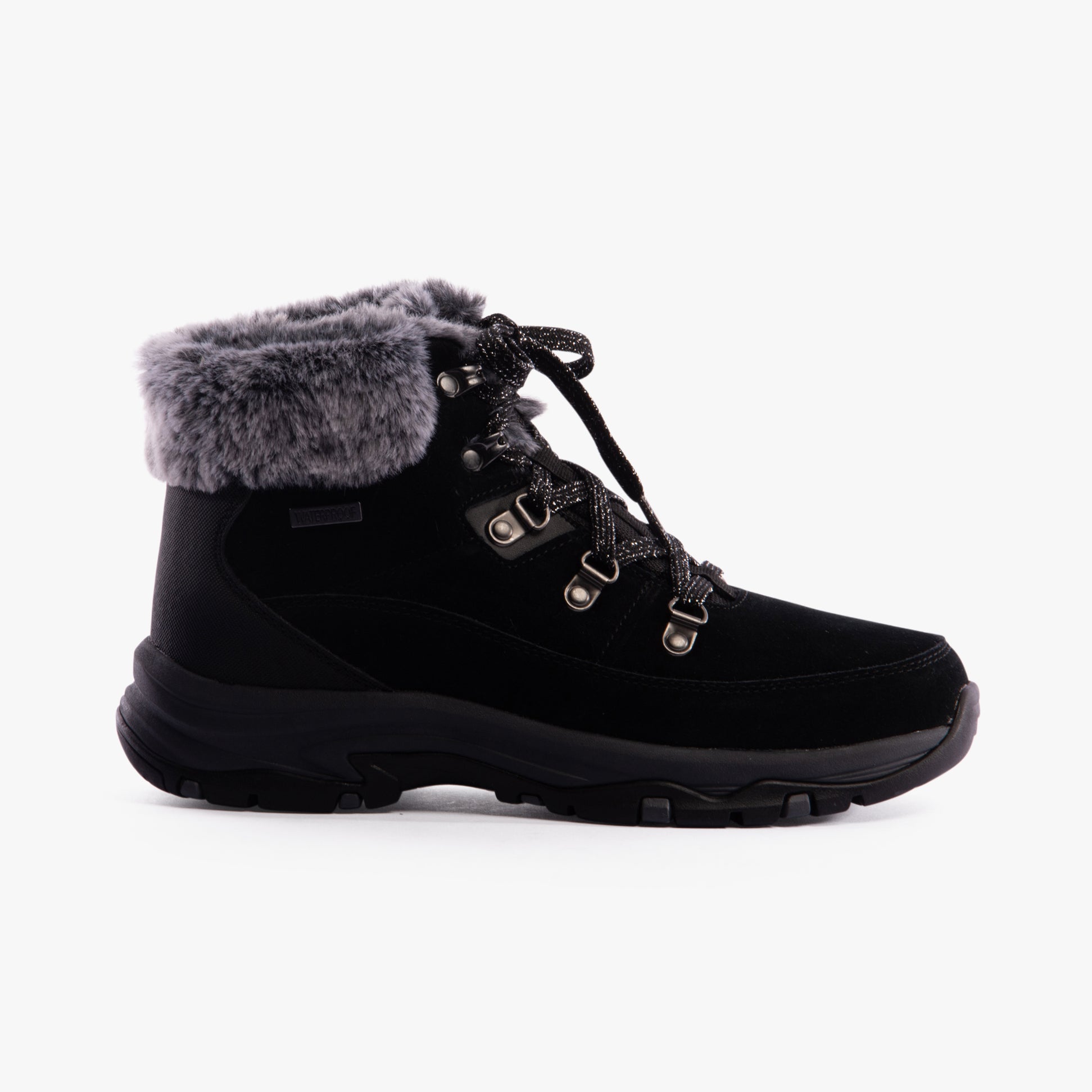 Skechers 167882/BLK TREGO - SNOW WORRIES Womens Boots Black side view showcasing suede leather and faux fur lining.