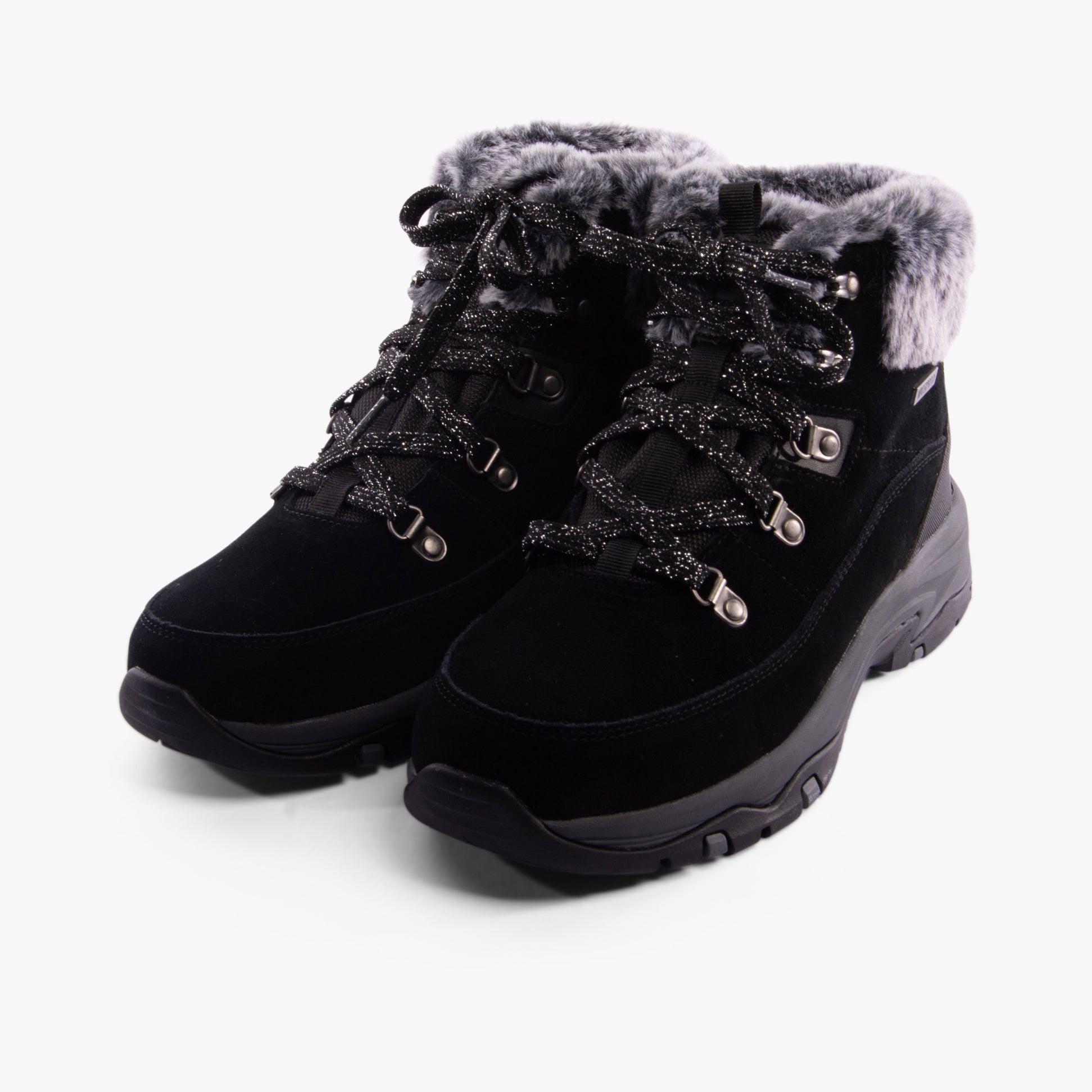 Skechers 167882/BLK TREGO - SNOW WORRIES Womens Boots Black side view featuring suede leather and faux fur lining.
