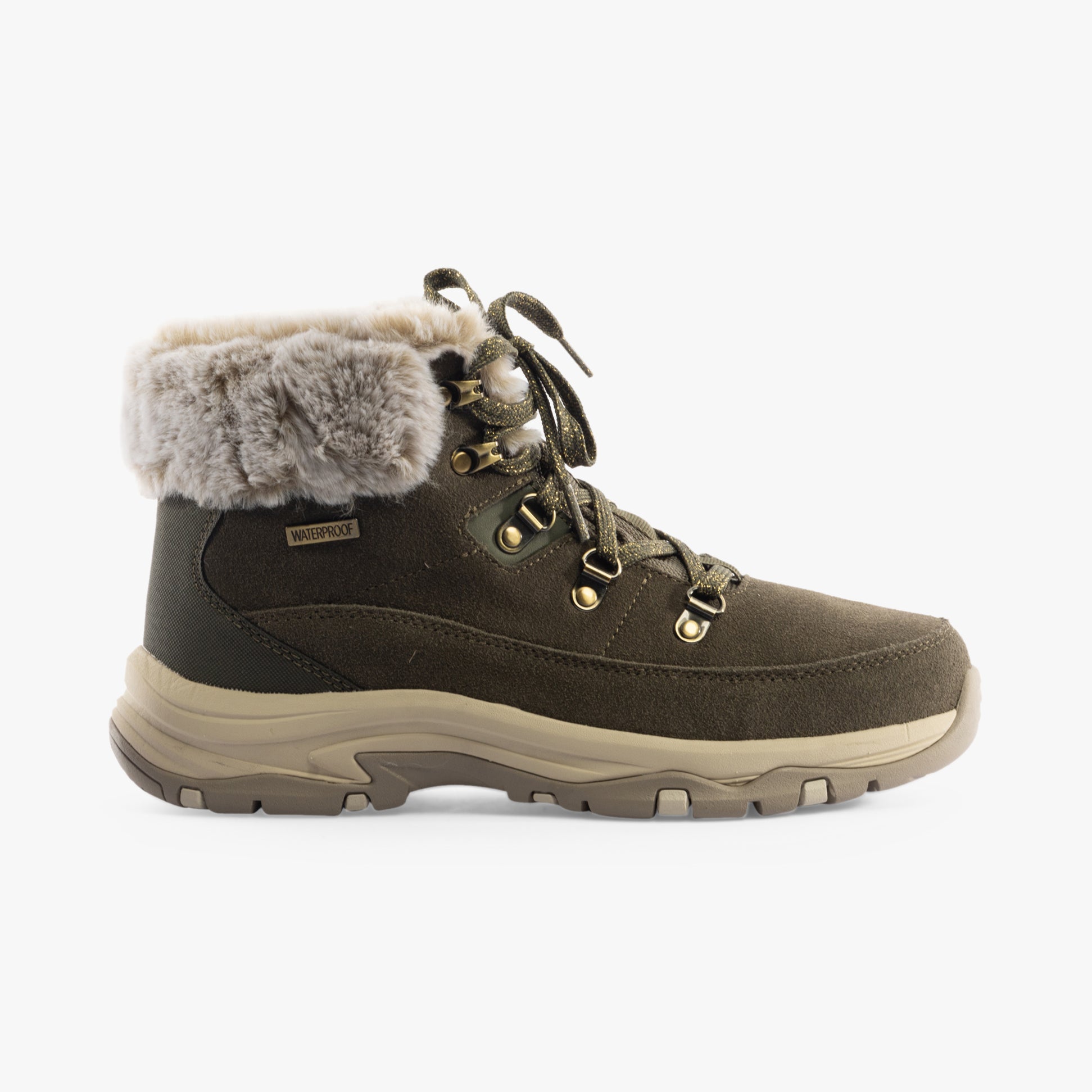 Skechers 167882/OLV TREGO - SNOW WORRIES Womens Boots Olive side view with faux fur lining and lace-up closure.