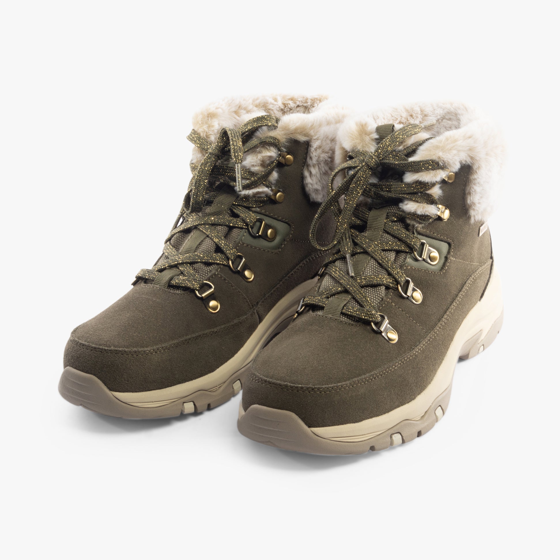 Skechers 167882/OLV TREGO - SNOW WORRIES Womens Boots Olive, side view showcasing suede leather and faux fur lining.