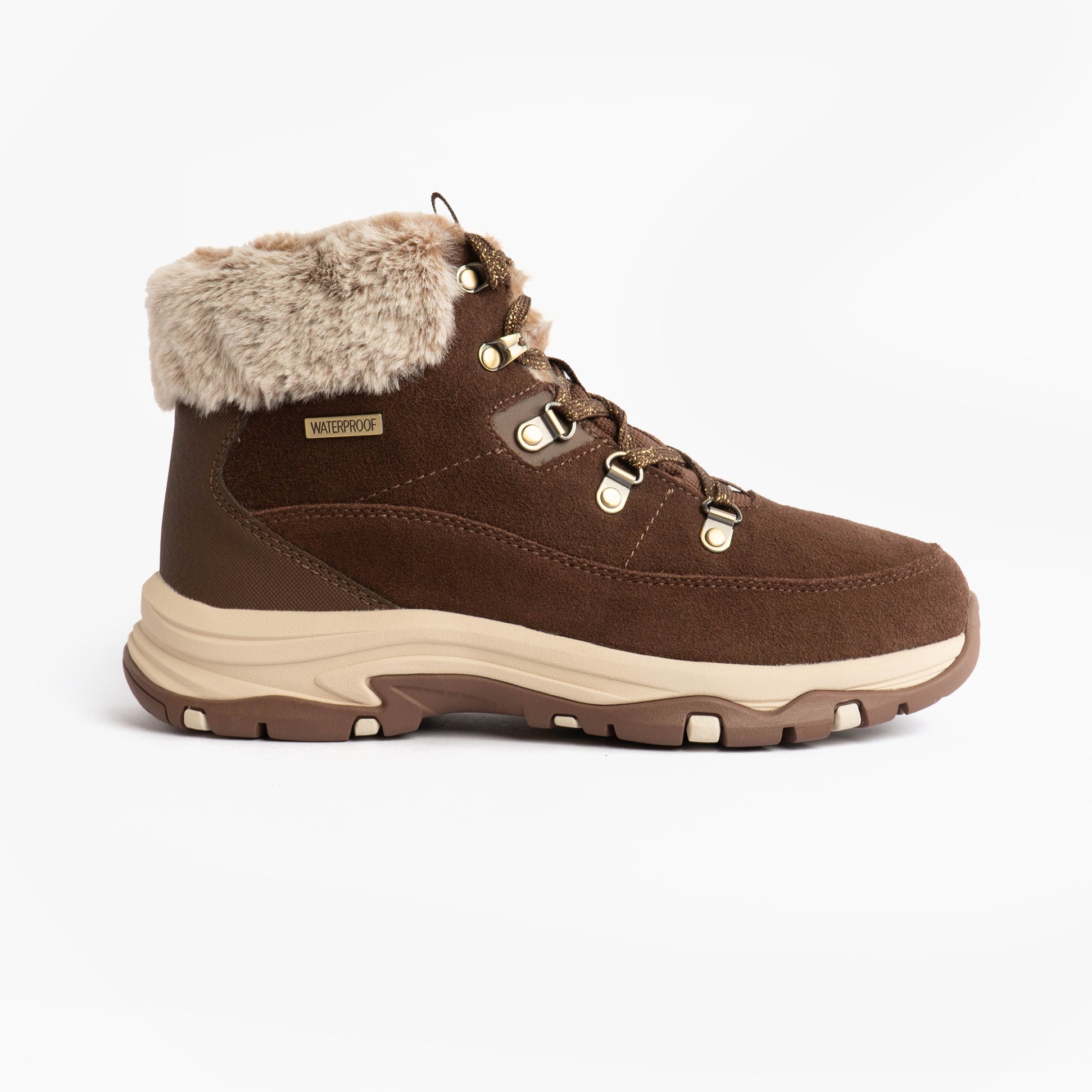 Skechers TREGO - SNOW WORRIES Womens Boots Chocolate side view showcasing suede leather with faux fur lining.