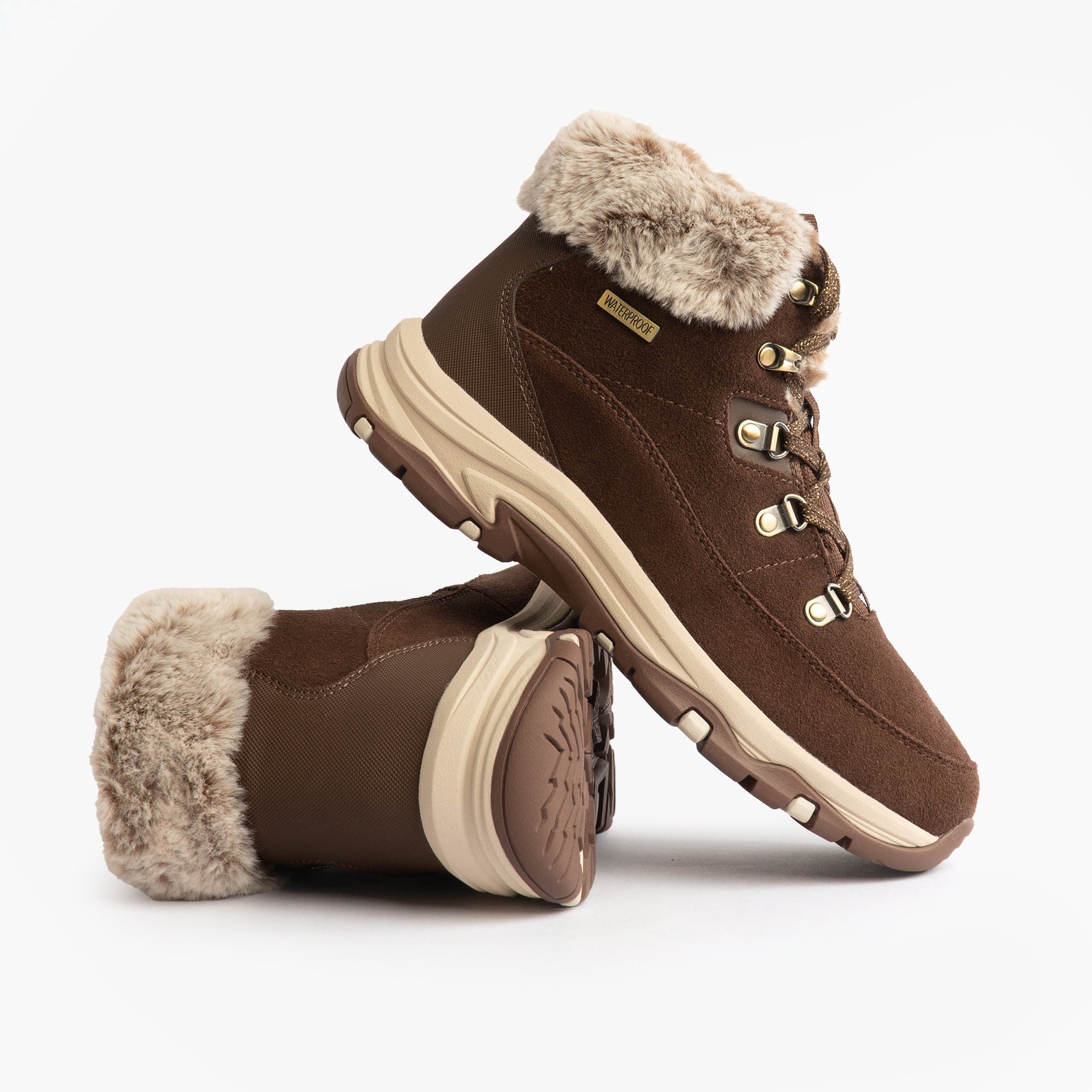 Skechers TREGO - SNOW WORRIES Womens Boots Chocolate front view featuring suede leather, faux fur lining, and rubber sole.