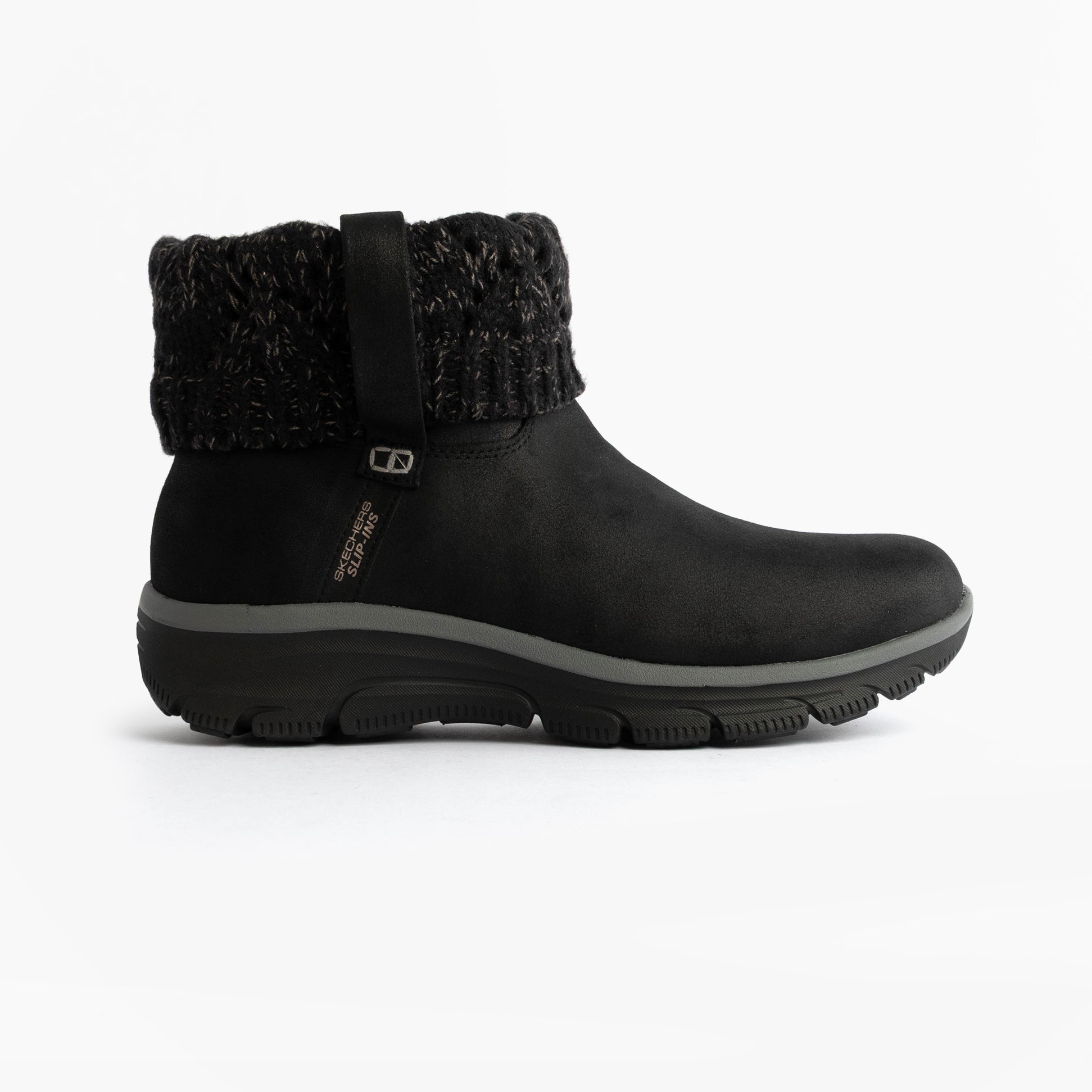 Skechers 168033/BLK EASY GOING - COZY WEATHER 2 Womens Boots Black side view with cozy knit cuff and comfortable sole.