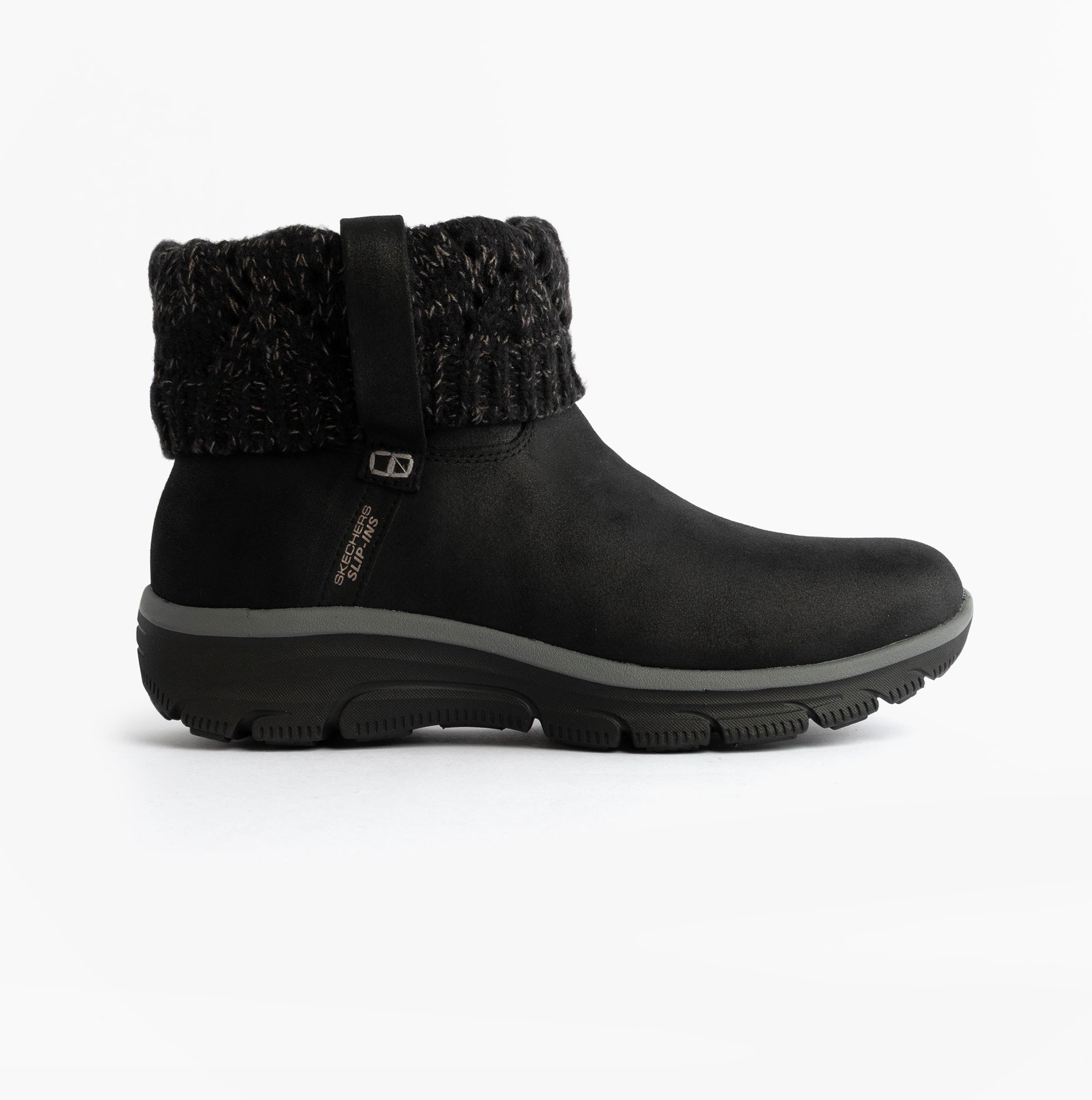 Skechers 168033/BLK EASY GOING - COZY WEATHER 2 Womens Boots Black side view with cozy knit cuff and comfortable sole.