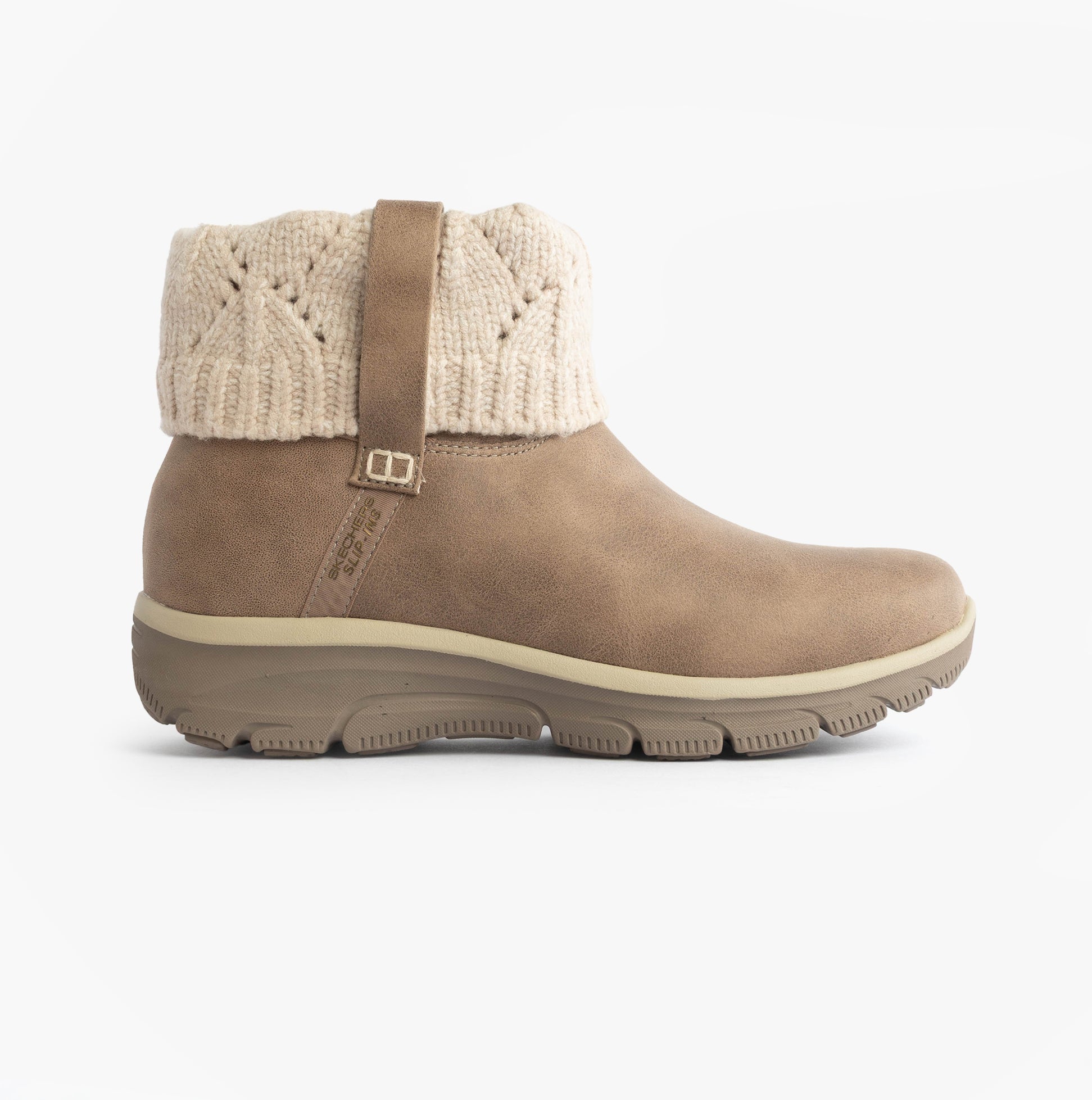 Skechers 168033/TPE EASY GOING - COZY WEATHER 2 Womens Boots Taupe side view showing ankle height and knit cuff.