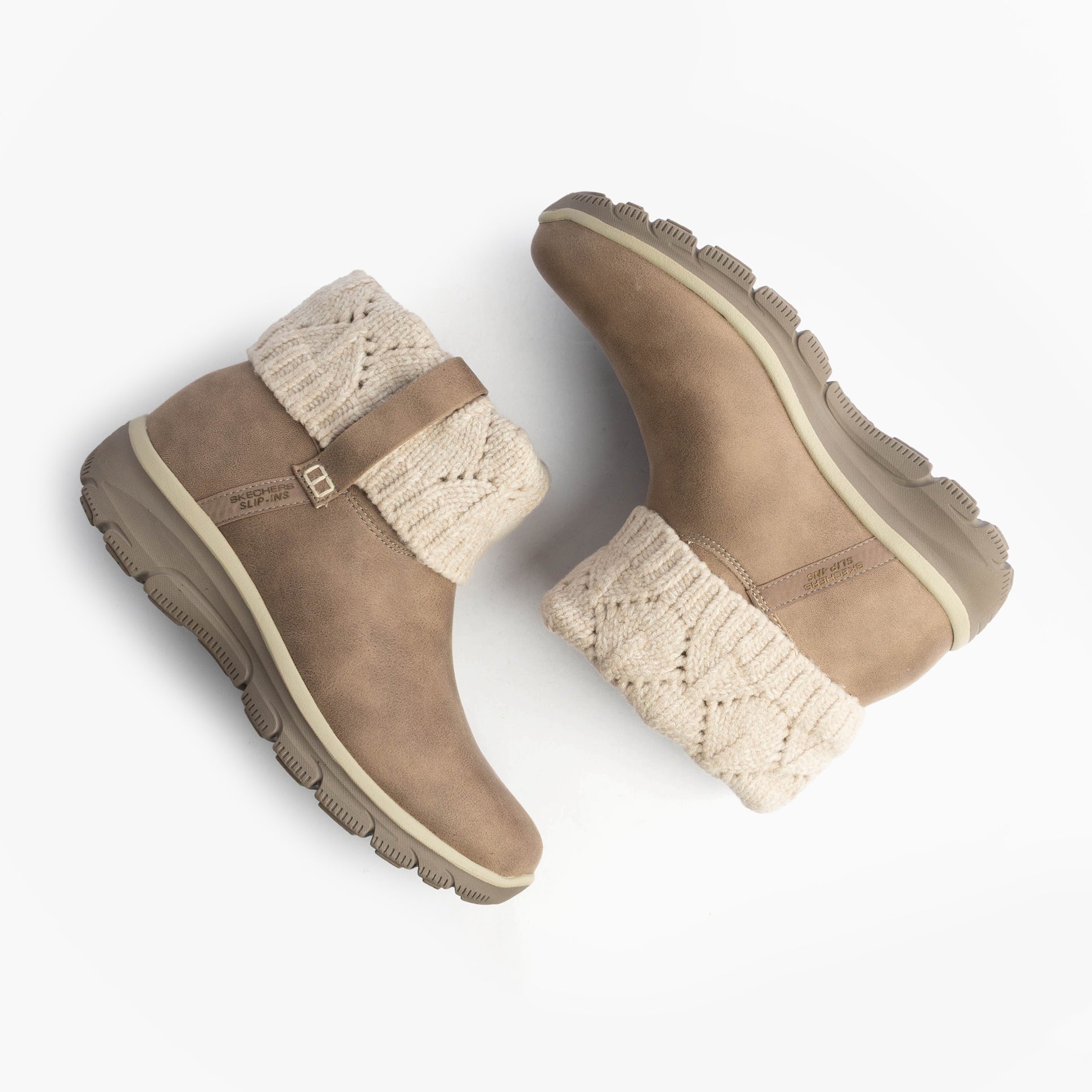 Skechers 168033/TPE EASY GOING - COZY WEATHER 2 Womens Boots Taupe top view showcasing slip-on design and knit collar.