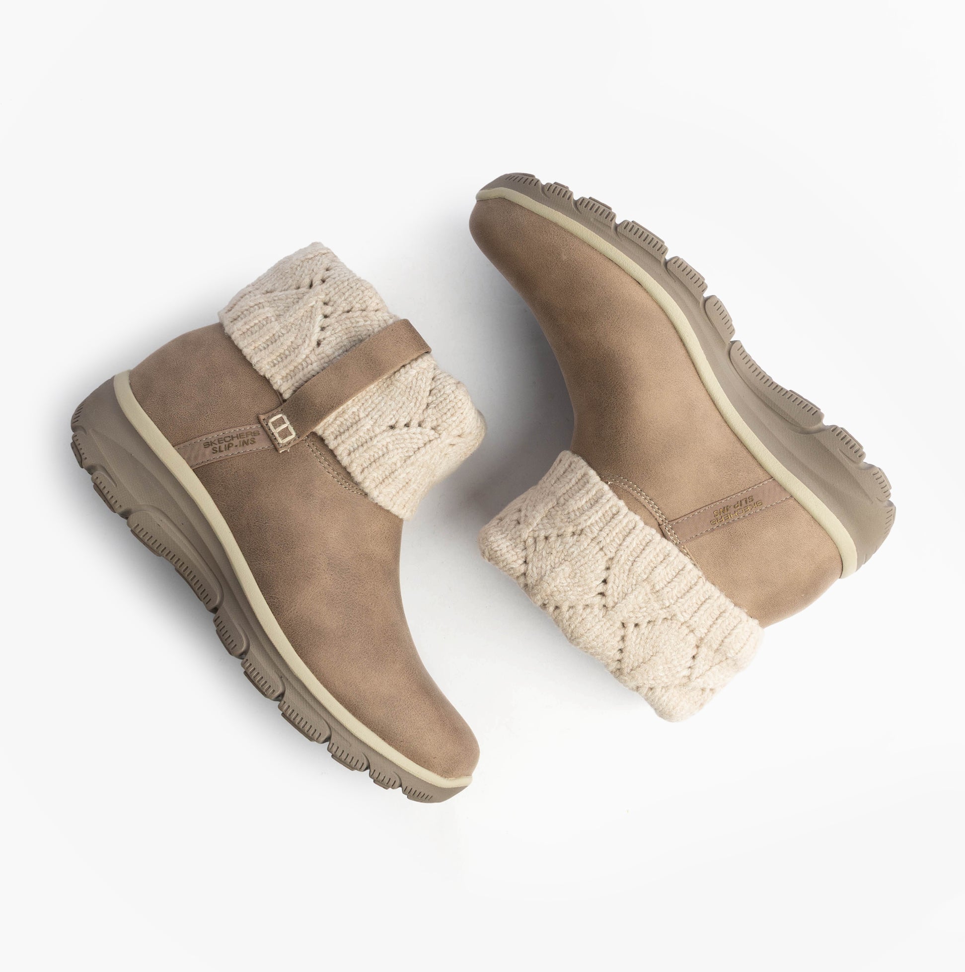 Skechers 168033/TPE EASY GOING - COZY WEATHER 2 Womens Boots Taupe top view showcasing slip-on design and knit collar.