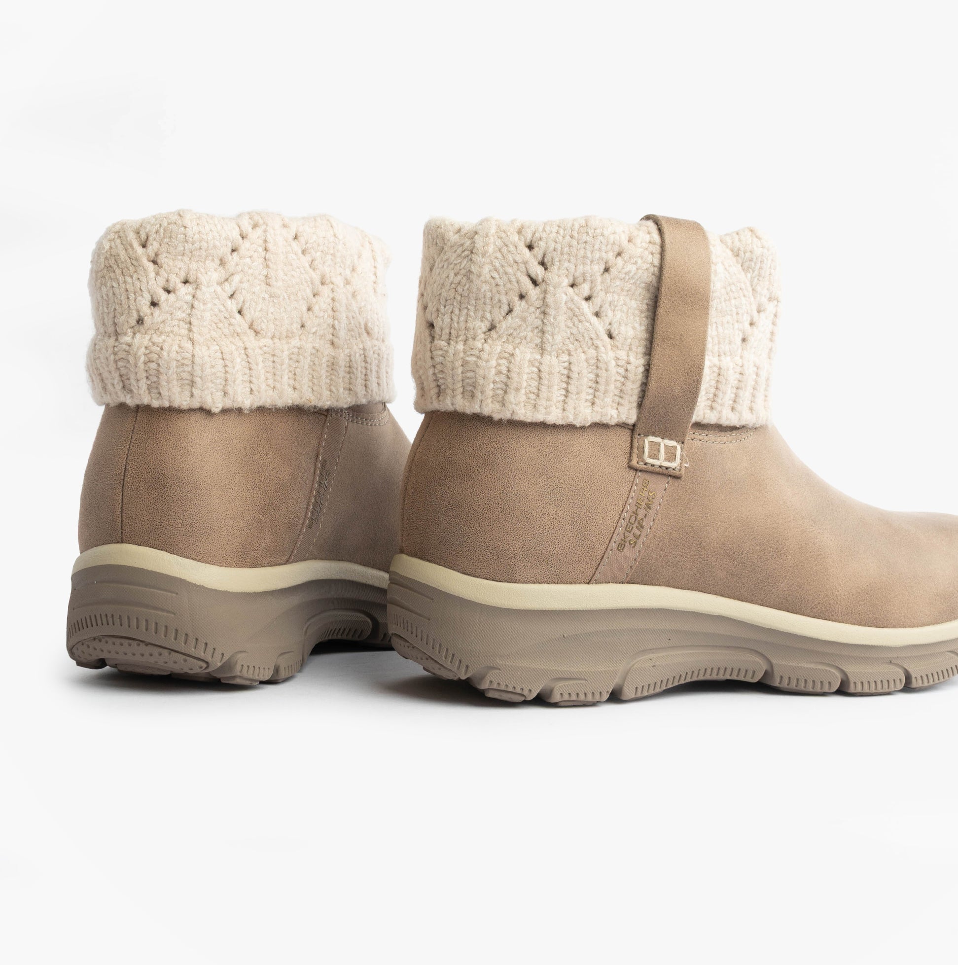 Skechers 168033/TPE EASY GOING - COZY WEATHER 2 Womens Boots Taupe rear view showcasing soft knit collar and sturdy sole.