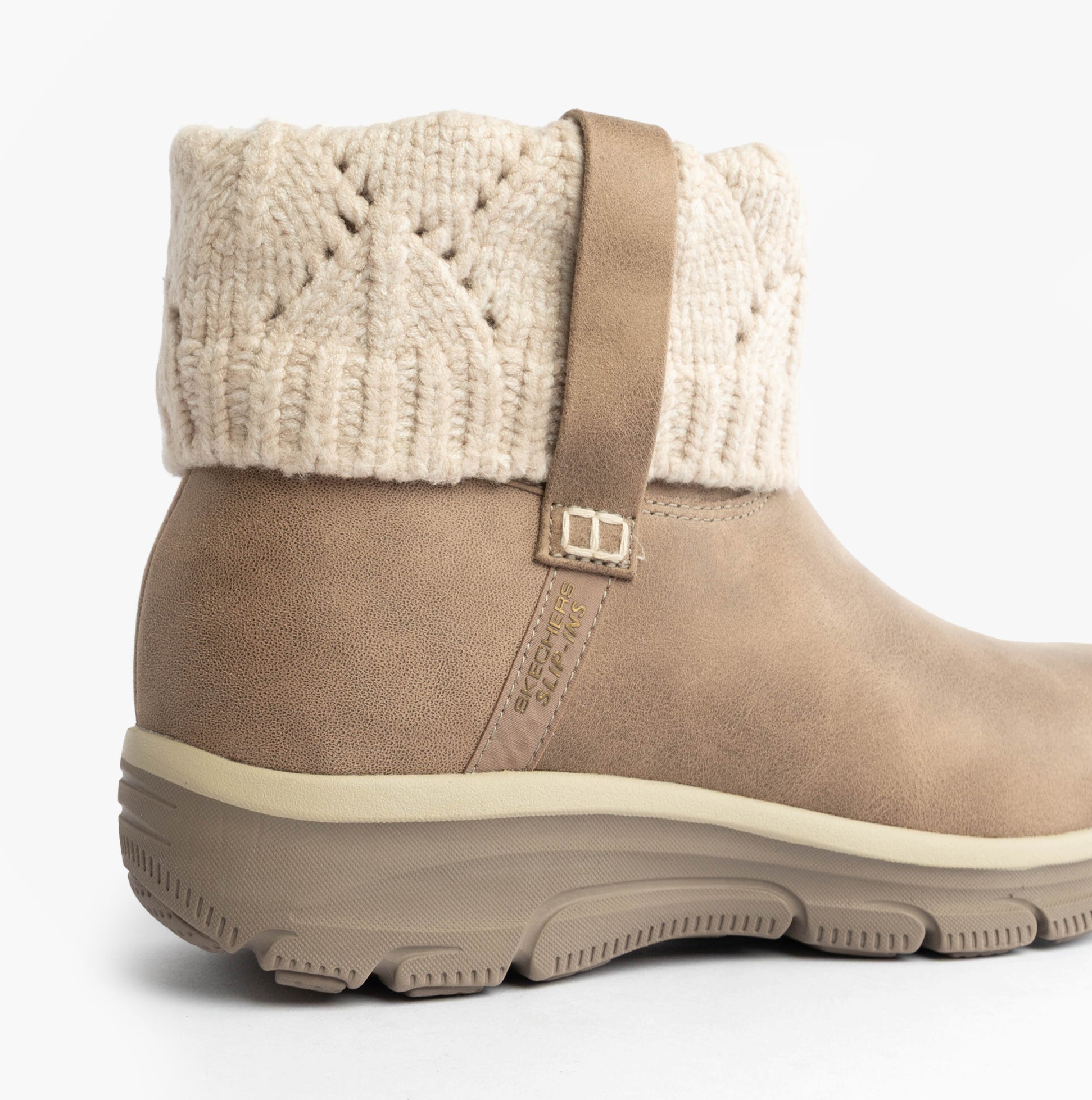 Skechers 168033/TPE EASY GOING - COZY WEATHER 2 Womens Boots Taupe side view showcasing cozy knitted cuff.