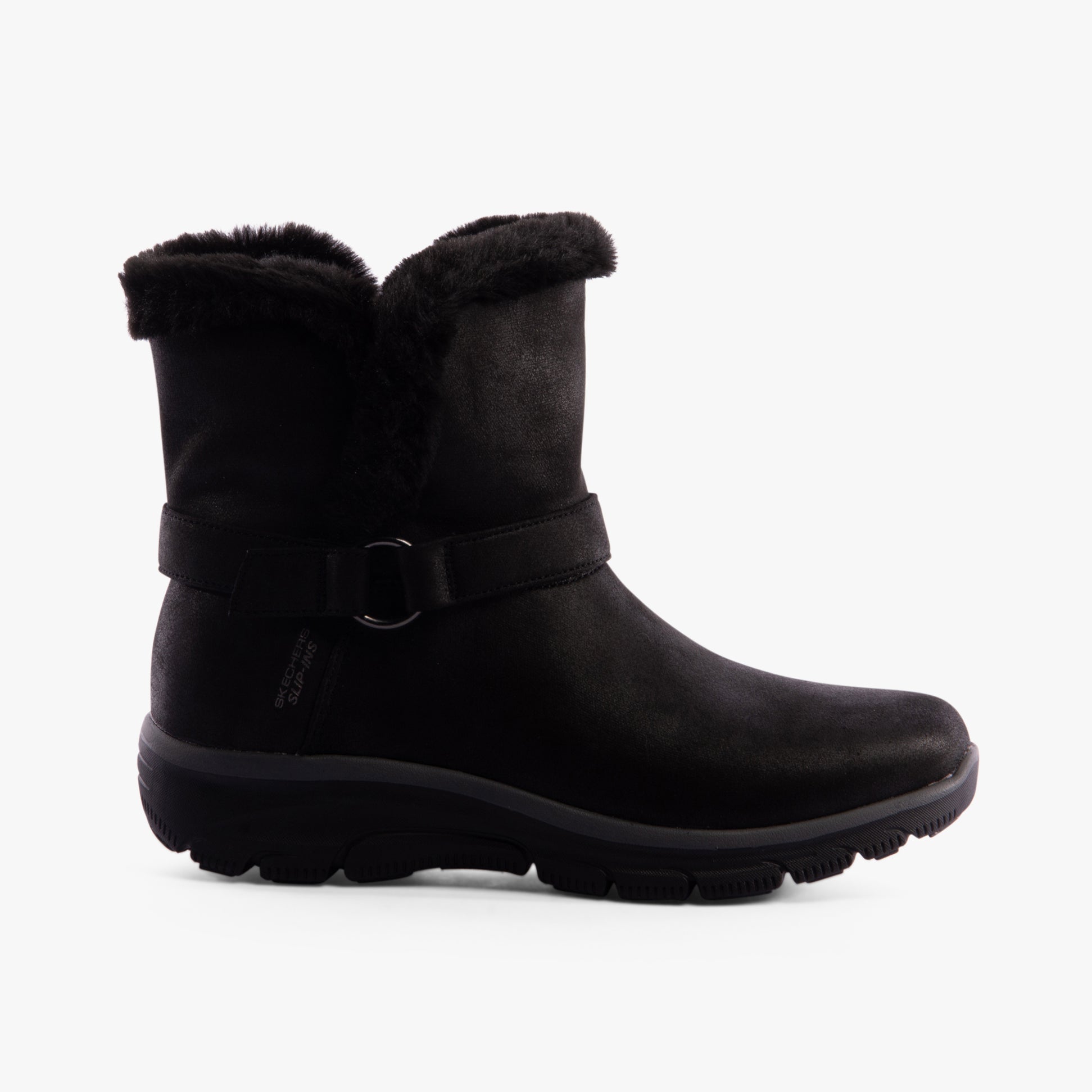 Skechers 168045/BLK EASY GOING - DREAMERS MOVE Womens Boots Black side view with faux fur lining and rubber sole