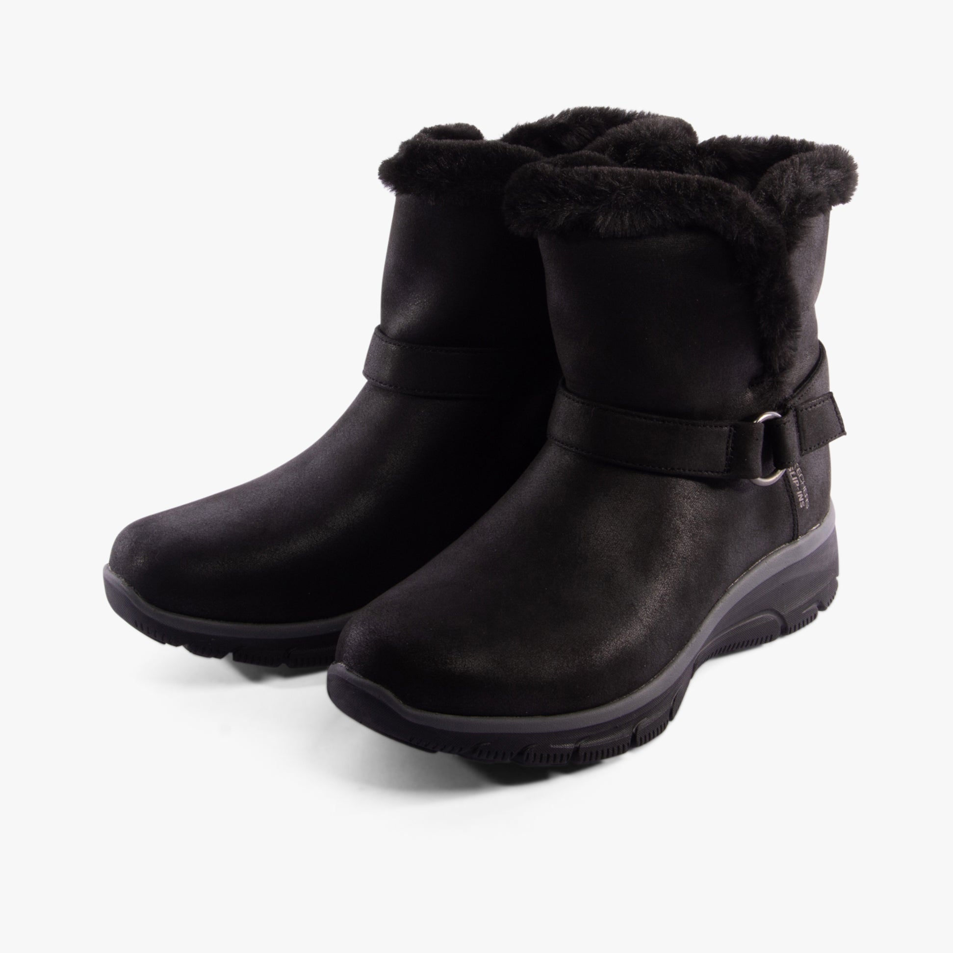 Skechers 168045/BLK EASY GOING - DREAMERS MOVE Womens Boots Black side view, featuring vegan leather and faux fur lining.