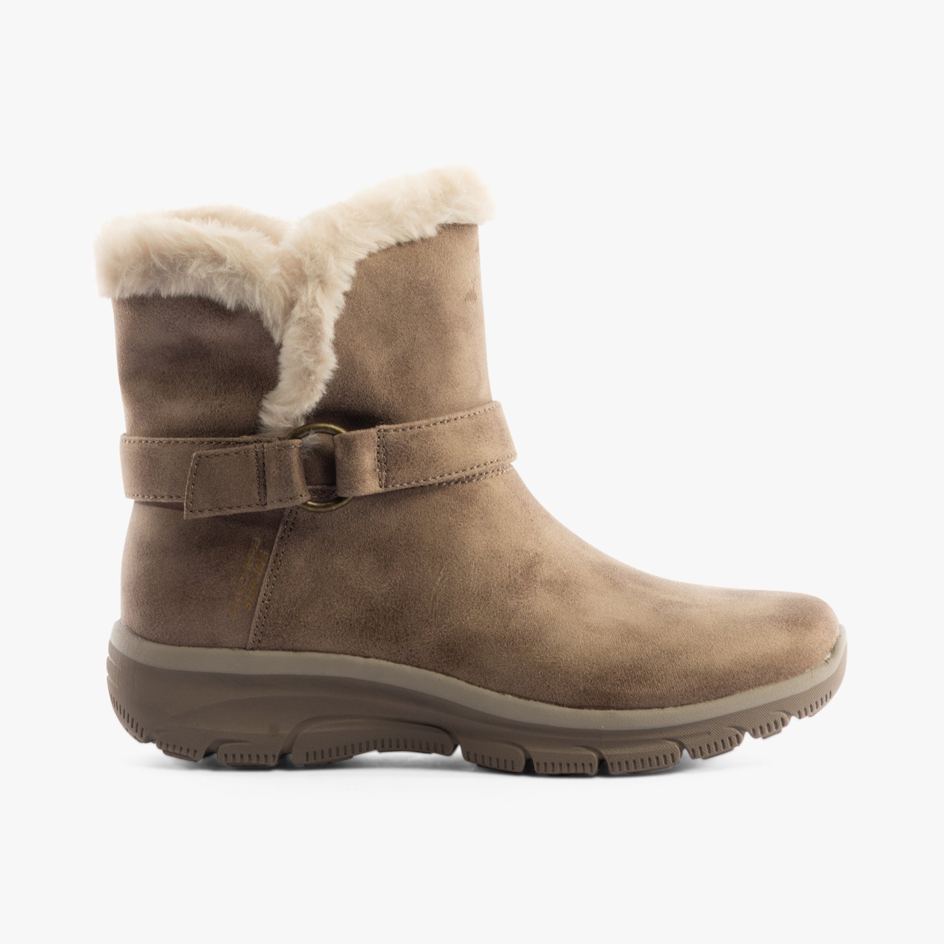 Skechers 168045/DKTP EASY GOING - DREAMERS MOVE Womens Boots Dark Taupe side view with faux fur lining.