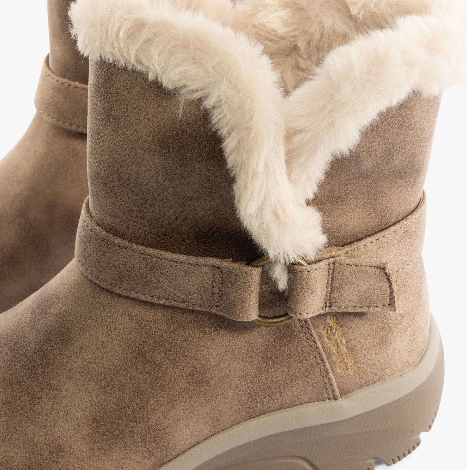 Skechers 168045/DKTP EASY GOING - DREAMERS MOVE Womens Boots Dark Taupe detail view showing soft faux fur lining.