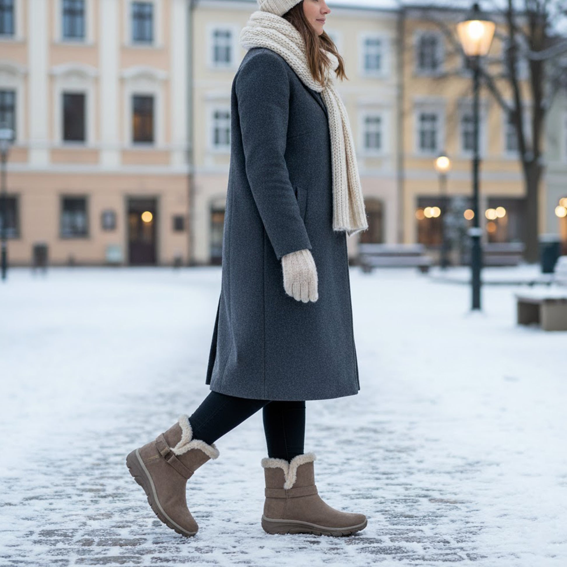 Skechers 168045/DKTP EASY GOING - DREAMERS MOVE Womens Boots Dark Taupe side view worn in snowy setting.