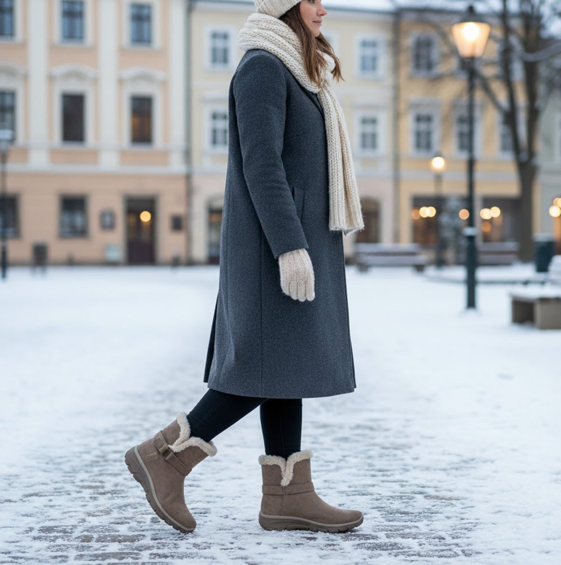 Skechers 168045/DKTP EASY GOING - DREAMERS MOVE Womens Boots Dark Taupe side view worn in snowy setting.