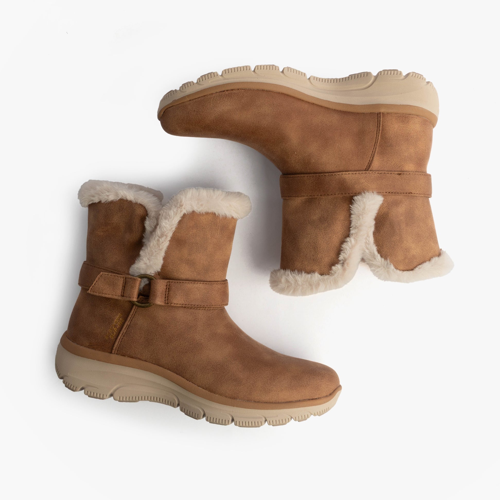 Skechers 168045/CSNT EASY GOING - DREAMERS MOVE Womens Boots Chestnut side view and top view, showcasing vegan leather and faux fur lining.