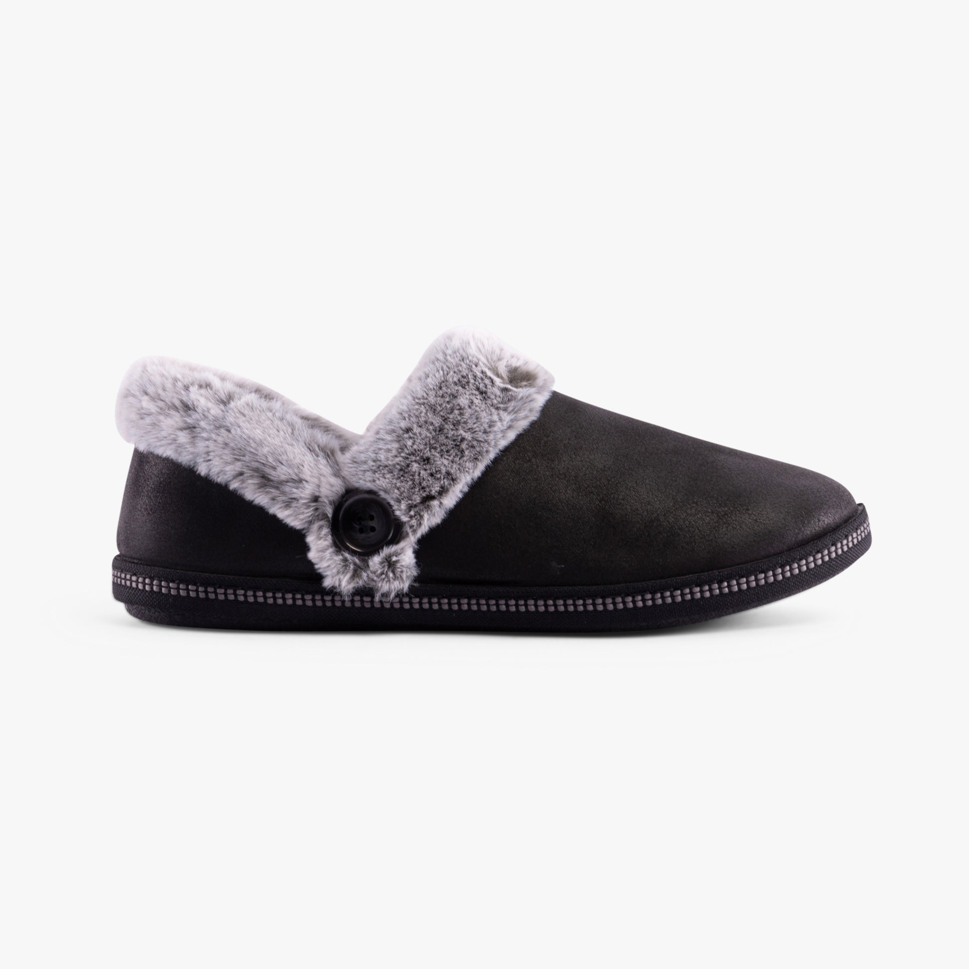 Skechers 169010/BLK COZY CAMPFIRE-FRENCH TOAST 2 Womens Slippers Black side view with faux fur lining.
