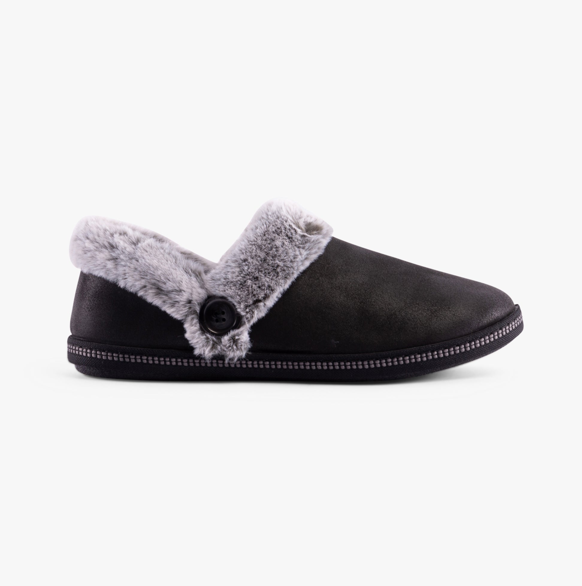 Skechers 169010/BLK COZY CAMPFIRE-FRENCH TOAST 2 Womens Slippers Black side view with faux fur lining.