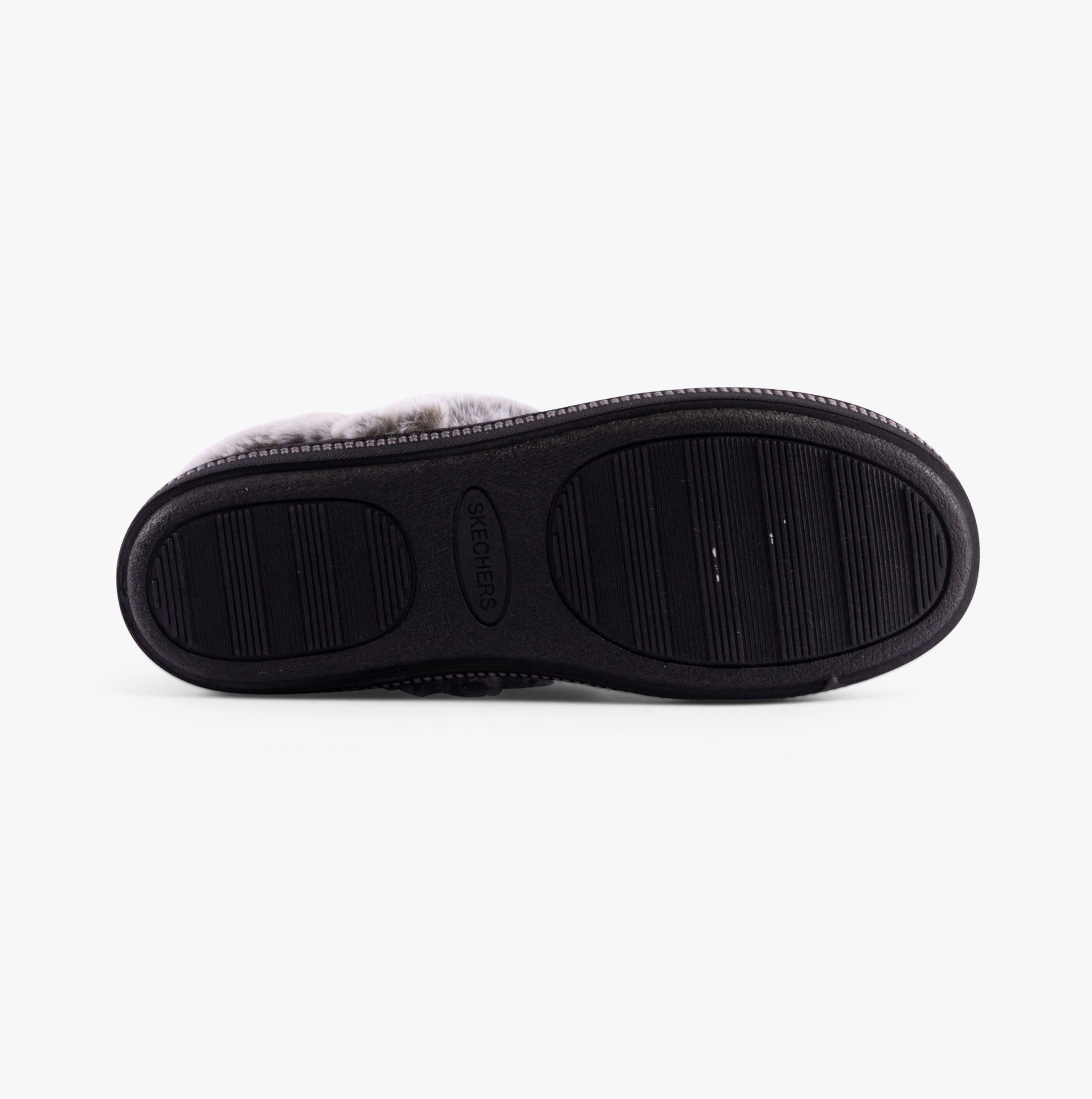 Skechers 169010/BLK COZY CAMPFIRE-FRENCH TOAST 2 Womens Slippers Black bottom view showing rubber sole and textured grip.
